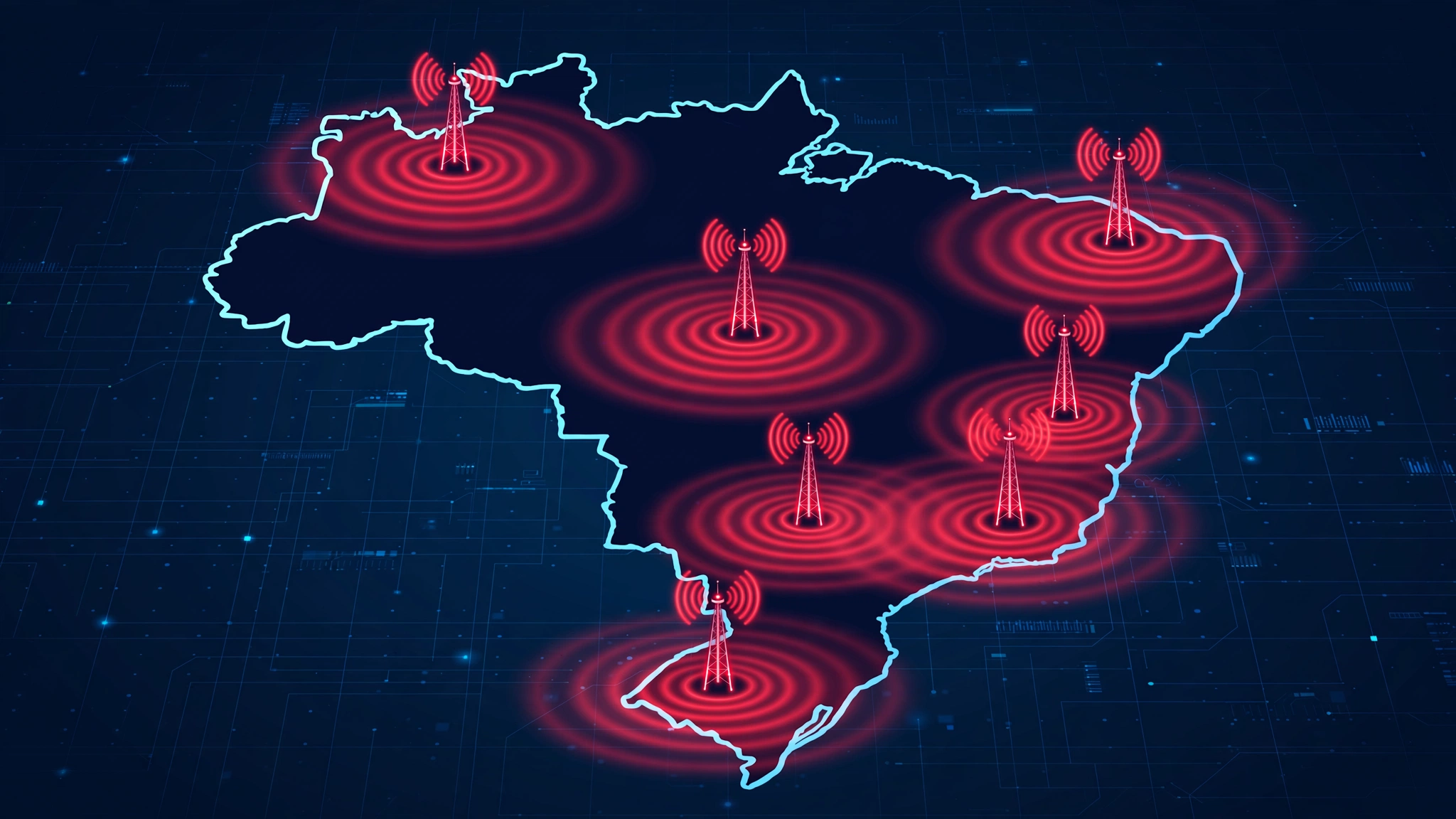 Mapa do Brasil com torres de sinal 5G