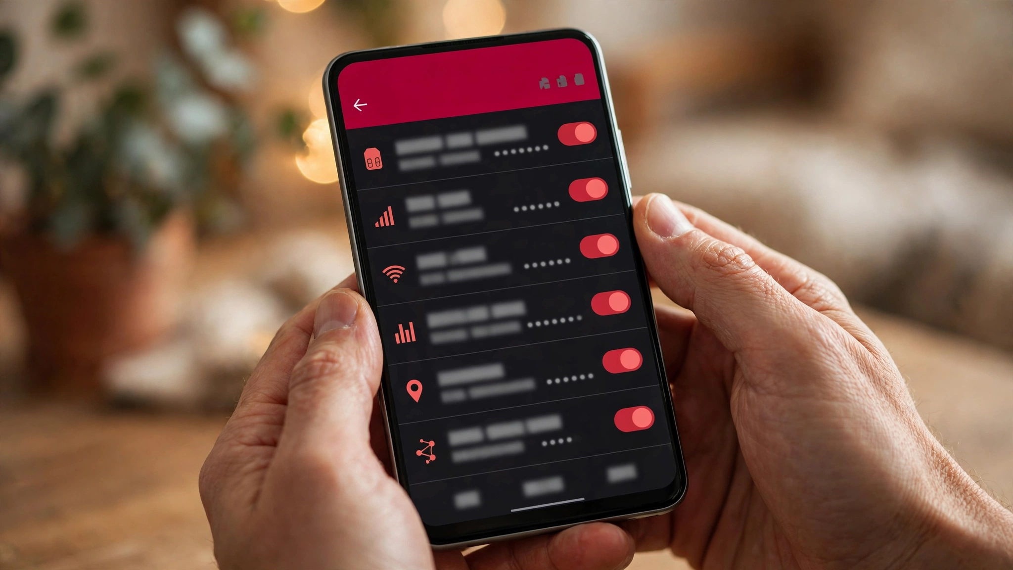 Maos segurando celular Android na tela de configuracoes de rede