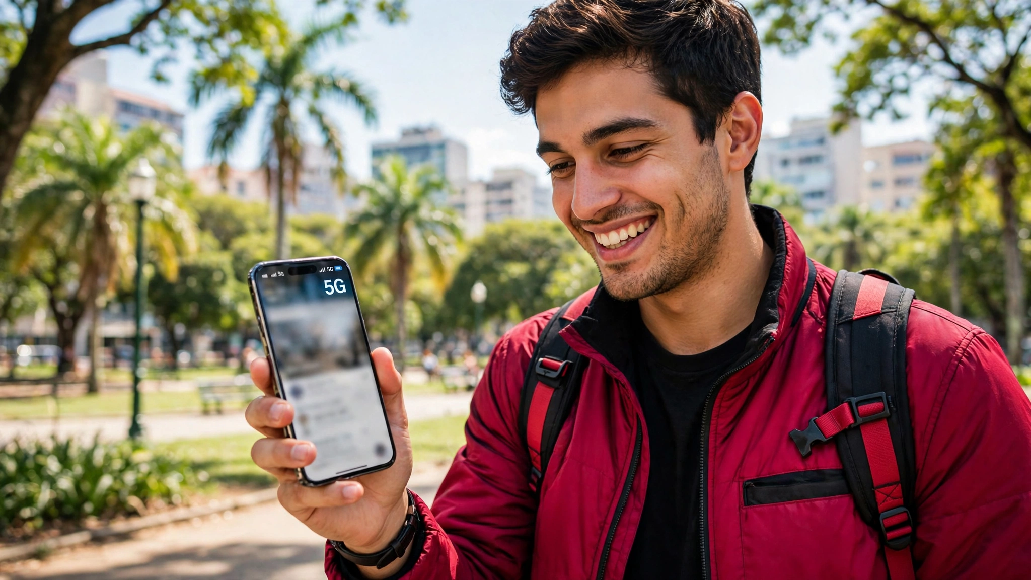 Pessoa usando celular com 5G em parque no Brasil