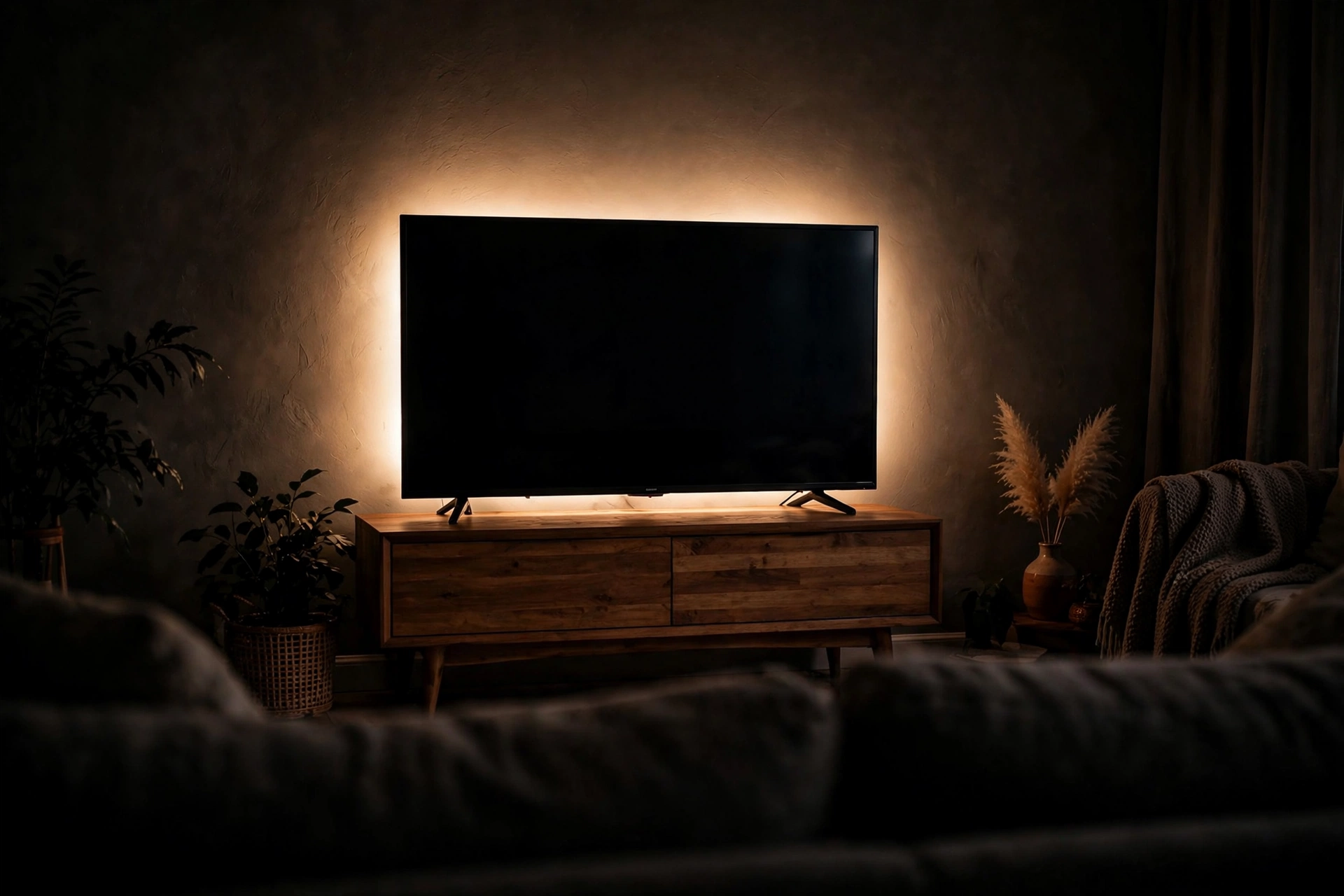 Smart TV com faixa de LED acesa atras da tela criando brilho ambiente na parede