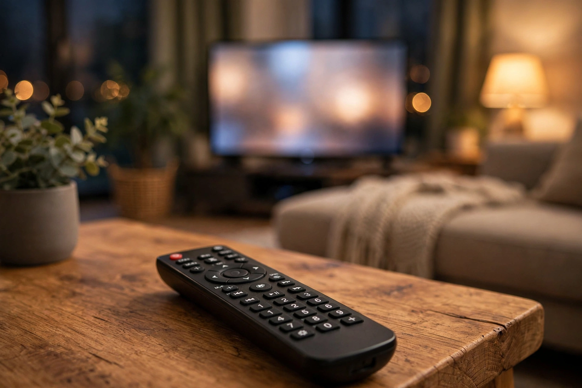 Controle remoto universal sobre a mesa de centro em frente a smart TV ligada
