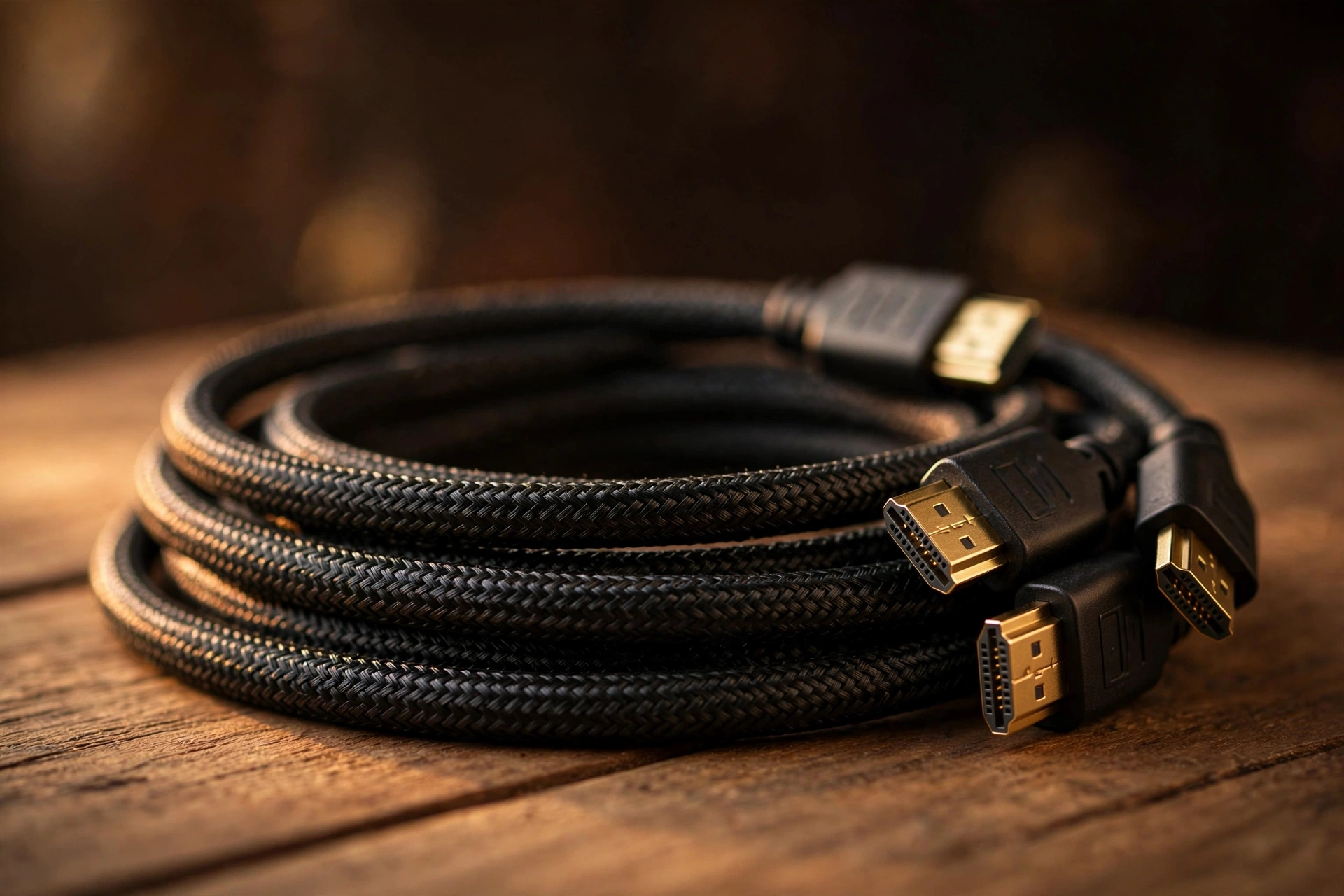 Close-up de cabos HDMI trancados com conectores dourados sobre mesa de madeira