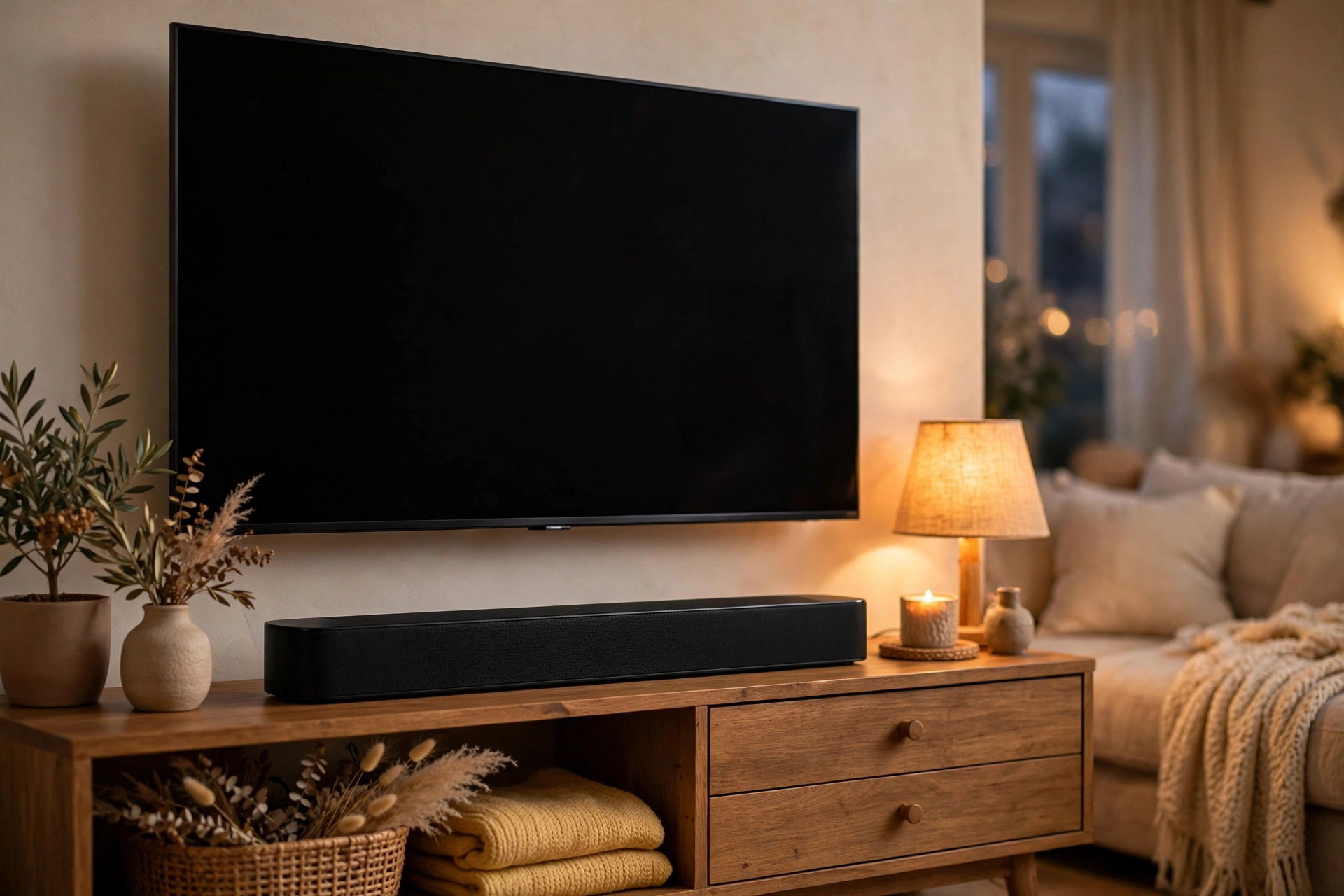 Soundbar preta posicionada abaixo da smart TV em rack de madeira na sala