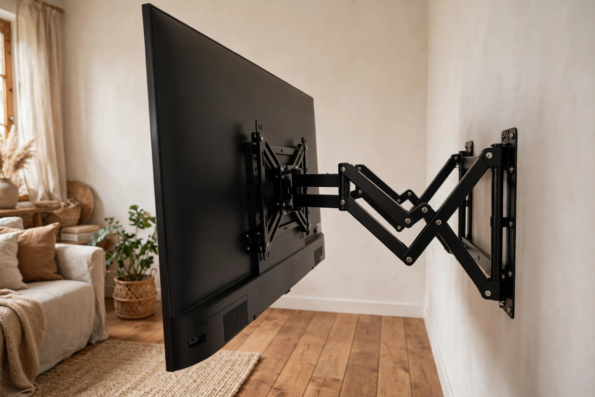 Smart TV em suporte articulado de parede estendido na sala de estar