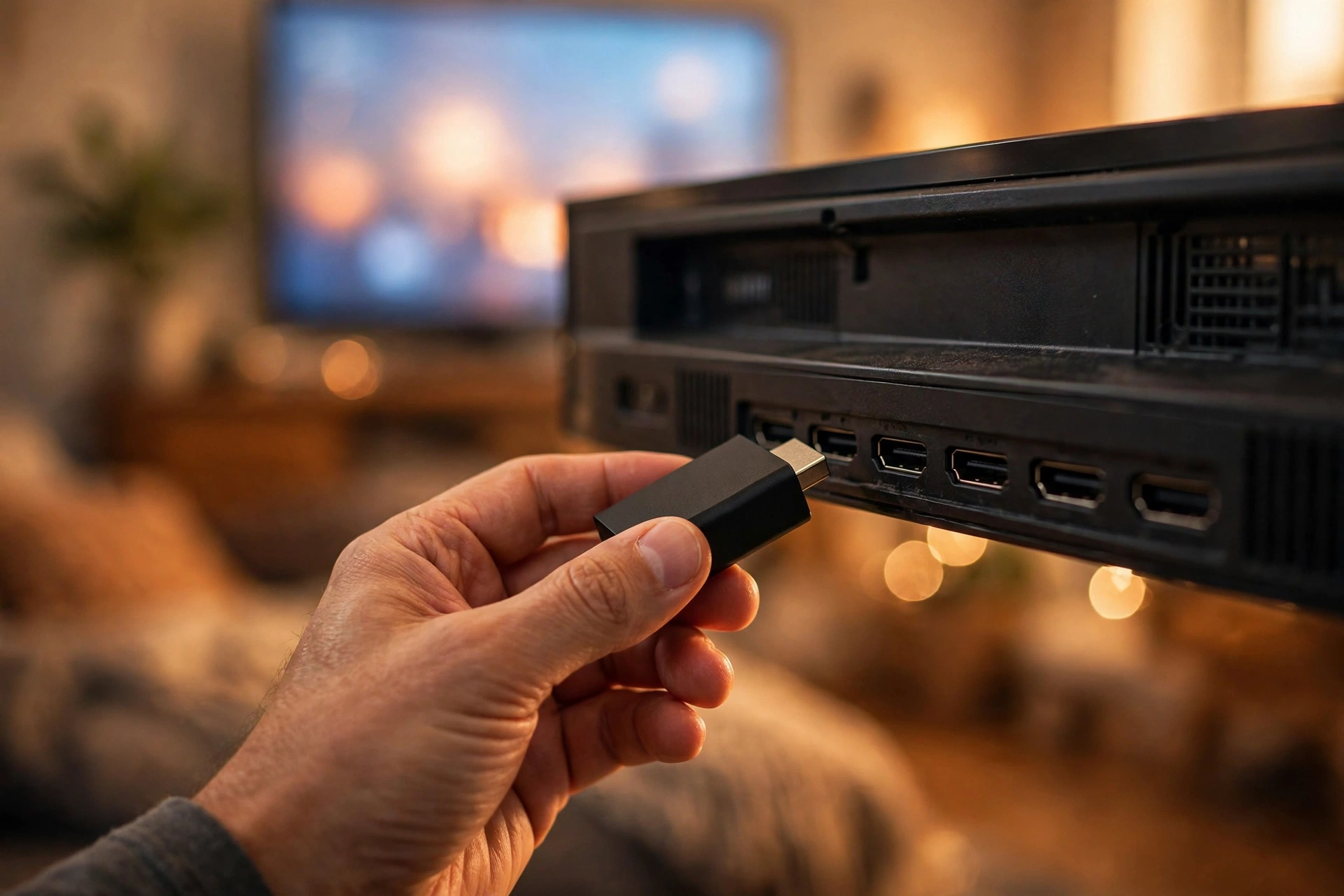 Mao segurando um TV stick de streaming proximo a entrada HDMI da TV