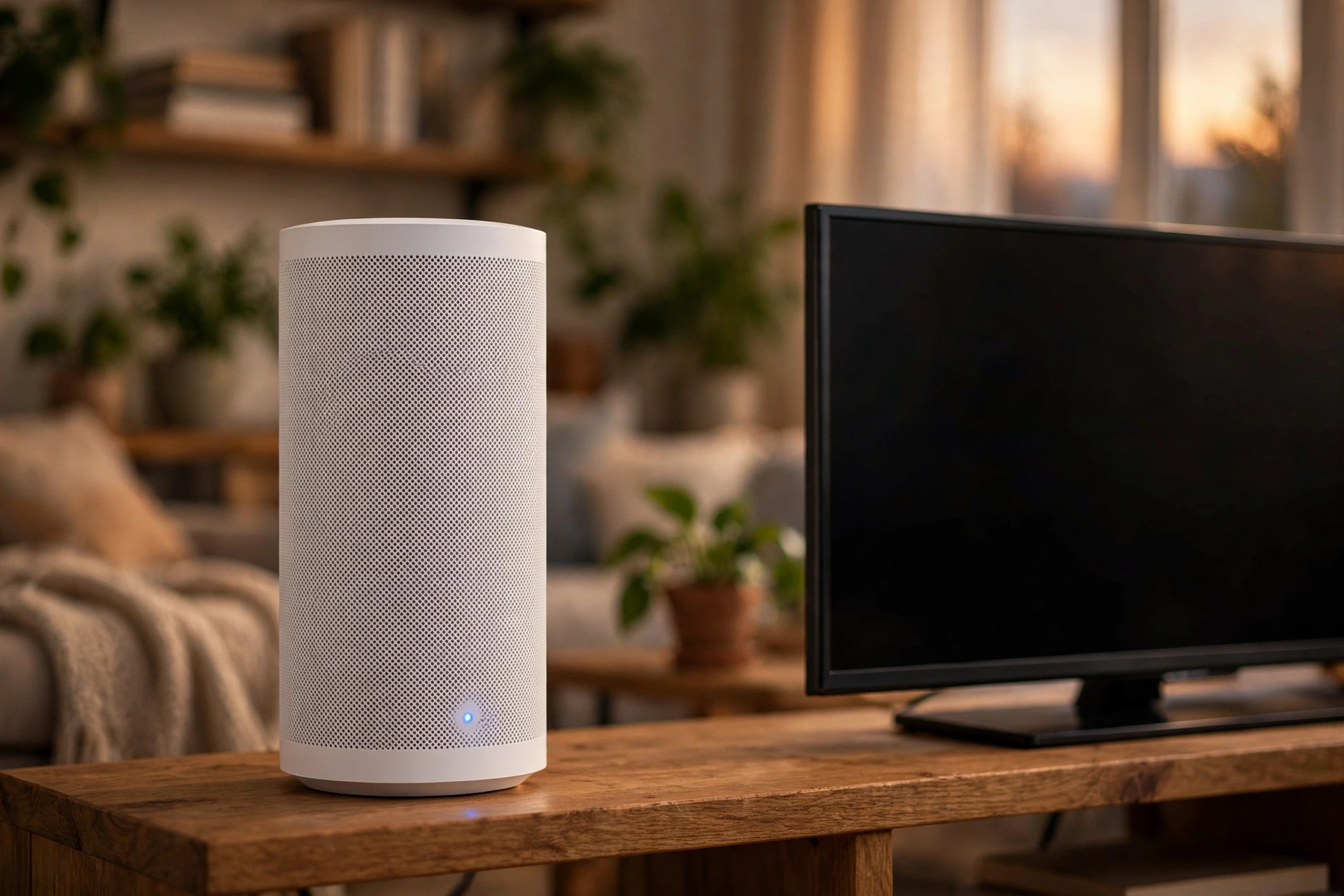 Roteador mesh Wi-Fi moderno ao lado da smart TV na estante da sala