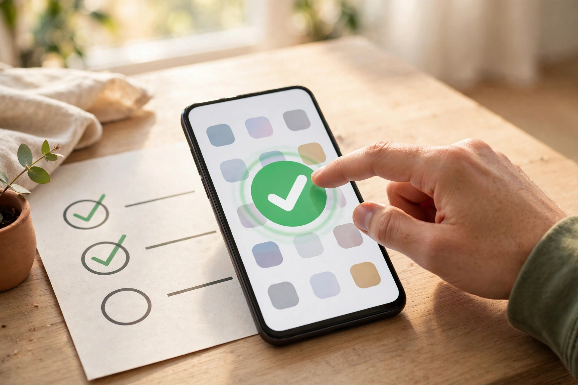 Celular Android com lista de verificação de soluções concluída