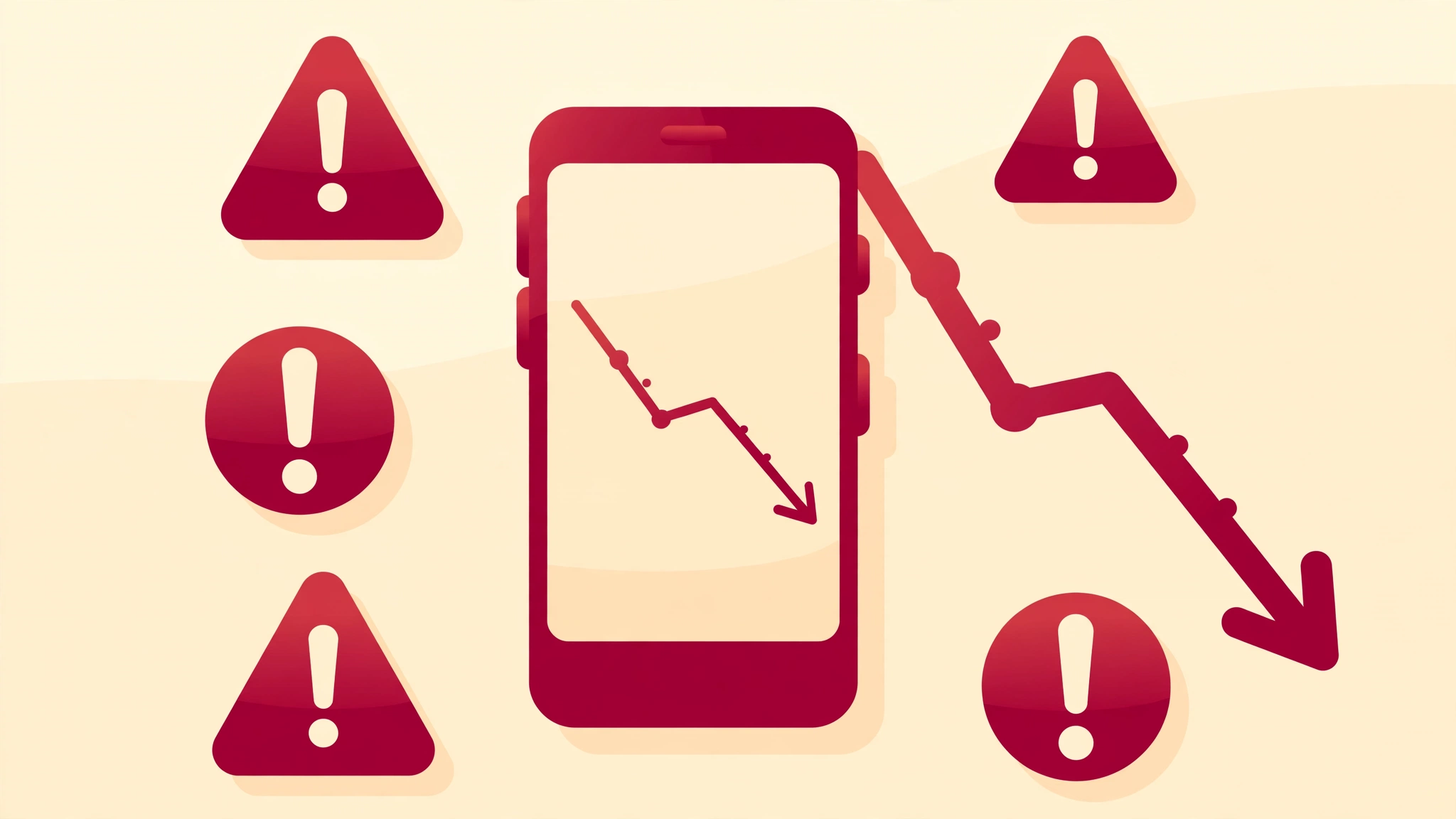 Smartphone com icones de alerta e grafico em queda simbolizando erros de alcance