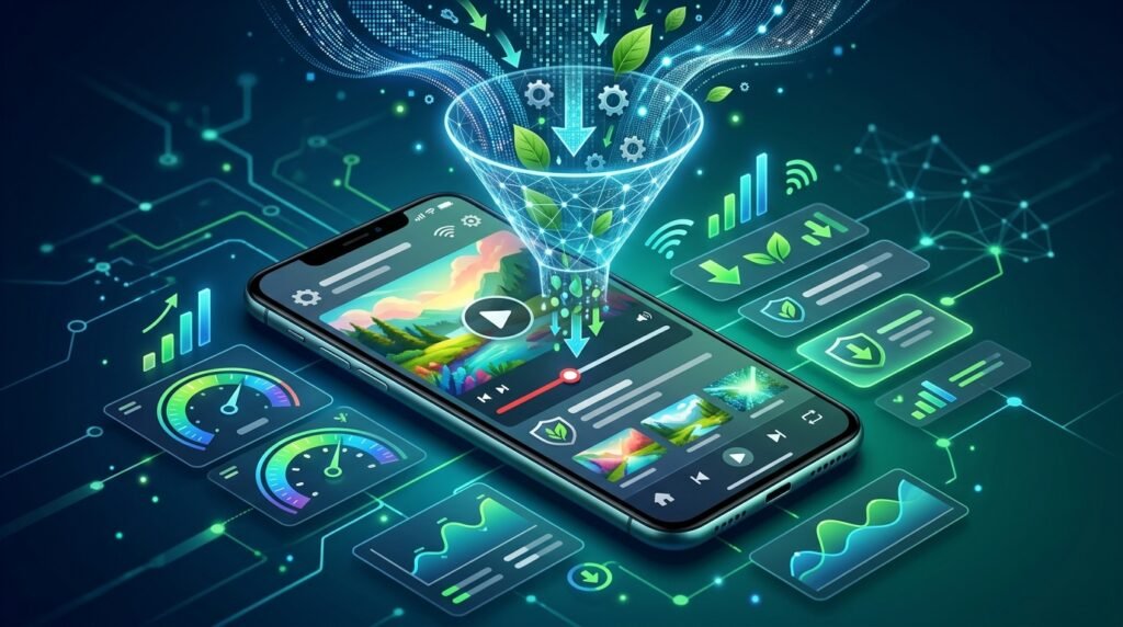 Smartphone exibindo vídeo do YouTube com modo de economia de dados ativado