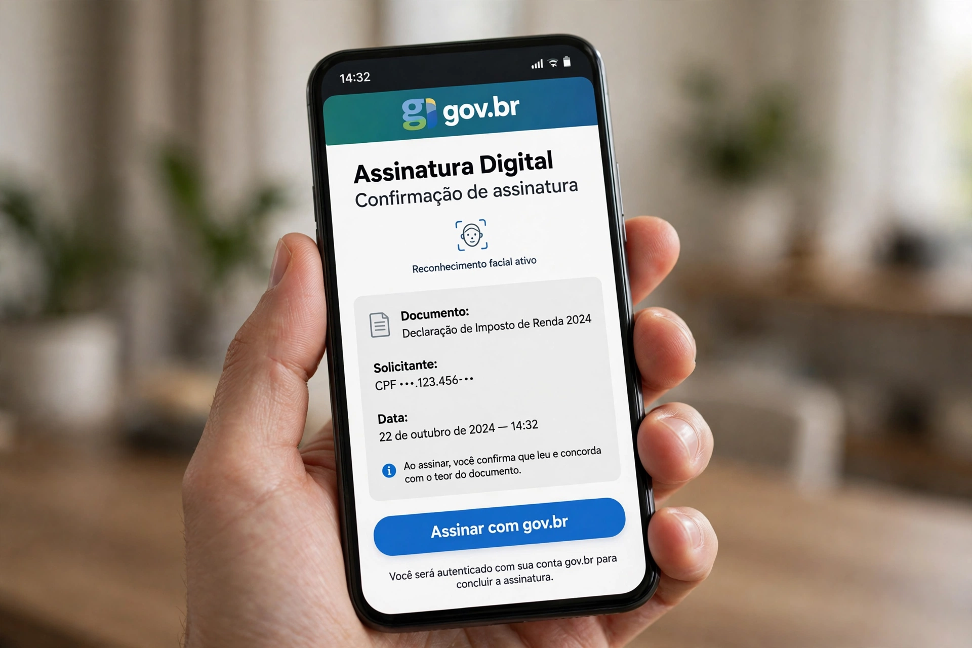 Smartphone exibindo tela de assinatura digital com gov.br para autorizar transferencia de veiculo