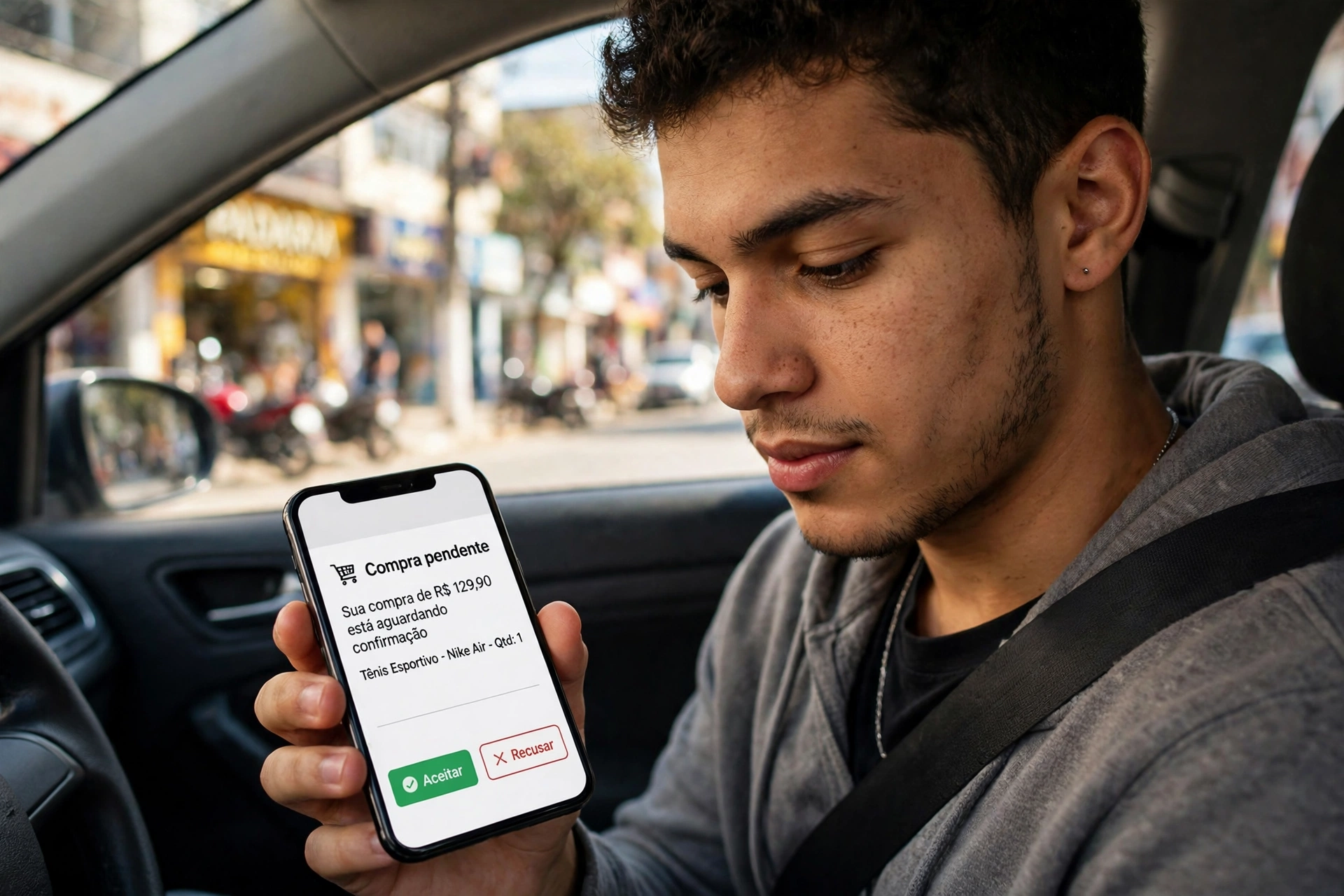 Comprador dentro do carro aceitando notificacao de compra pendente no aplicativo CDT