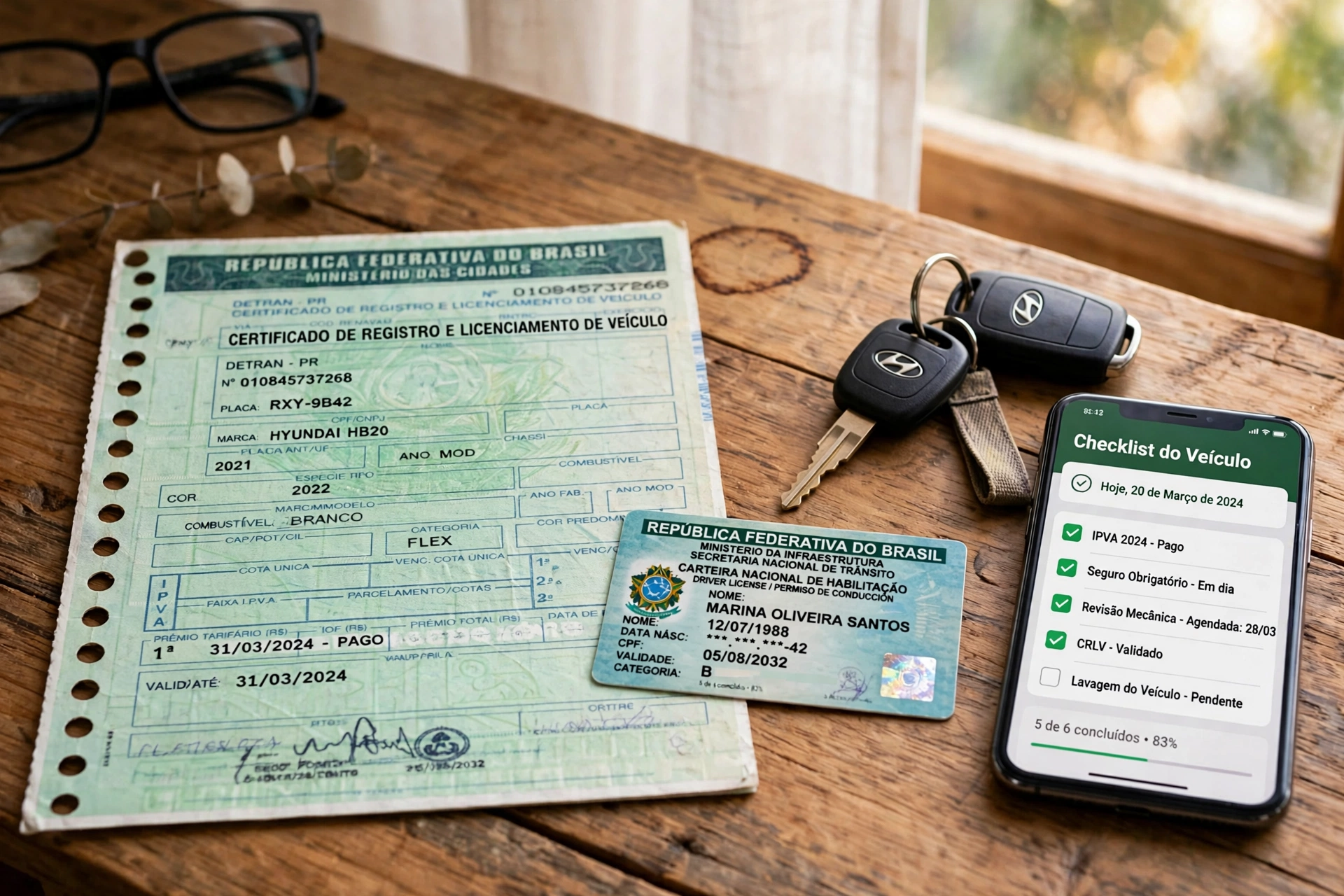 Documentos do veiculo CRLV e CNH sobre mesa ao lado de smartphone com checklist do app CDT