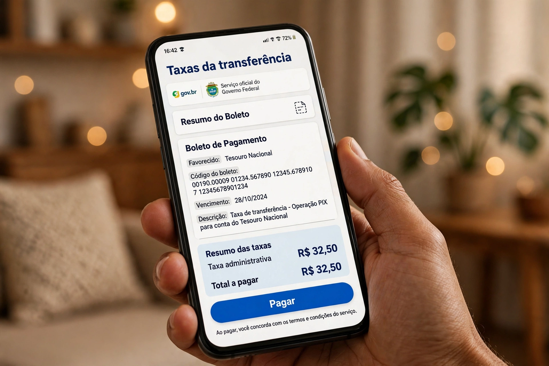 Smartphone mostrando resumo das taxas da transferencia de veiculo com botao pagar