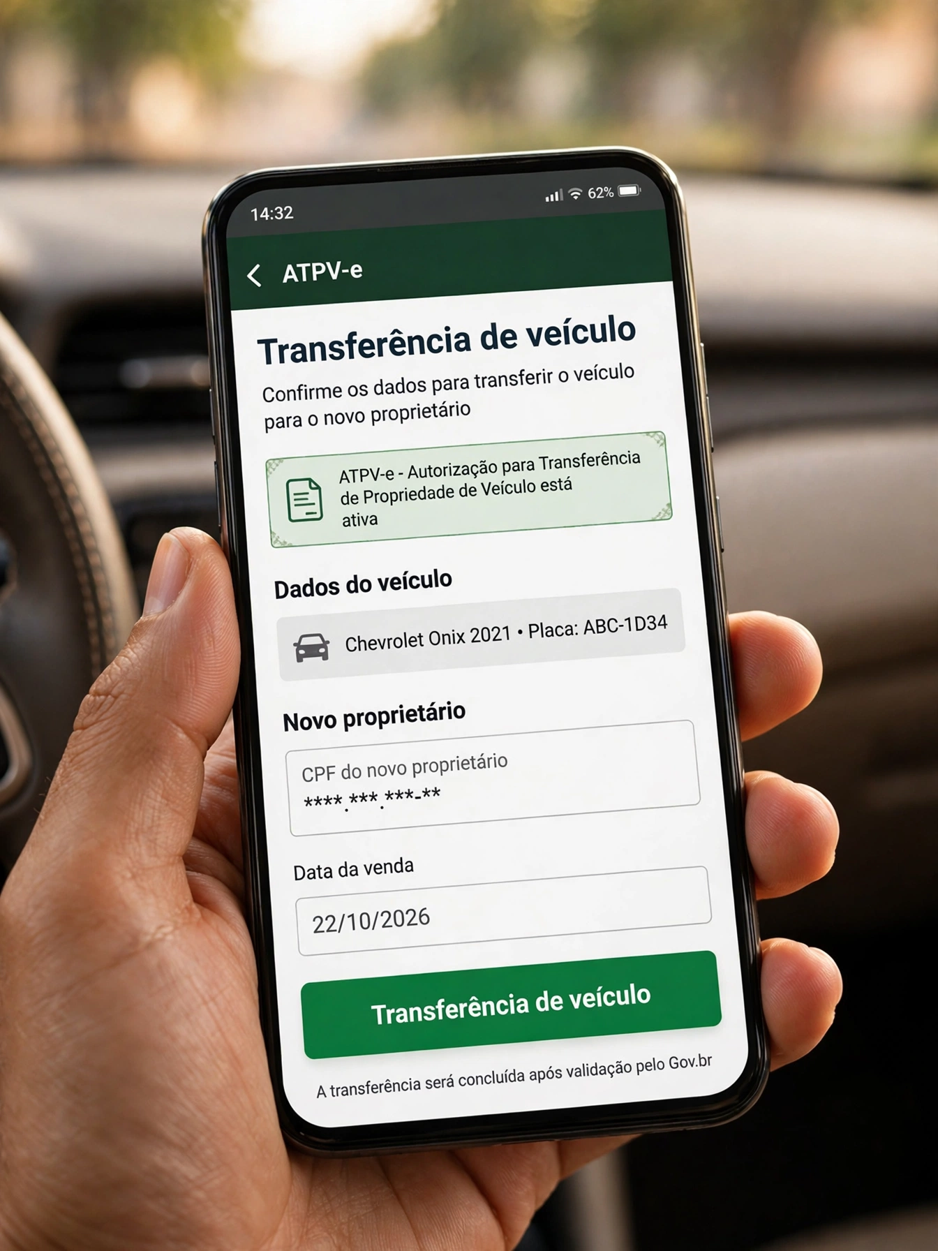 Tela do app CDT mostrando autorizacao ATPV-e para transferencia de veiculo com dados do novo proprietario