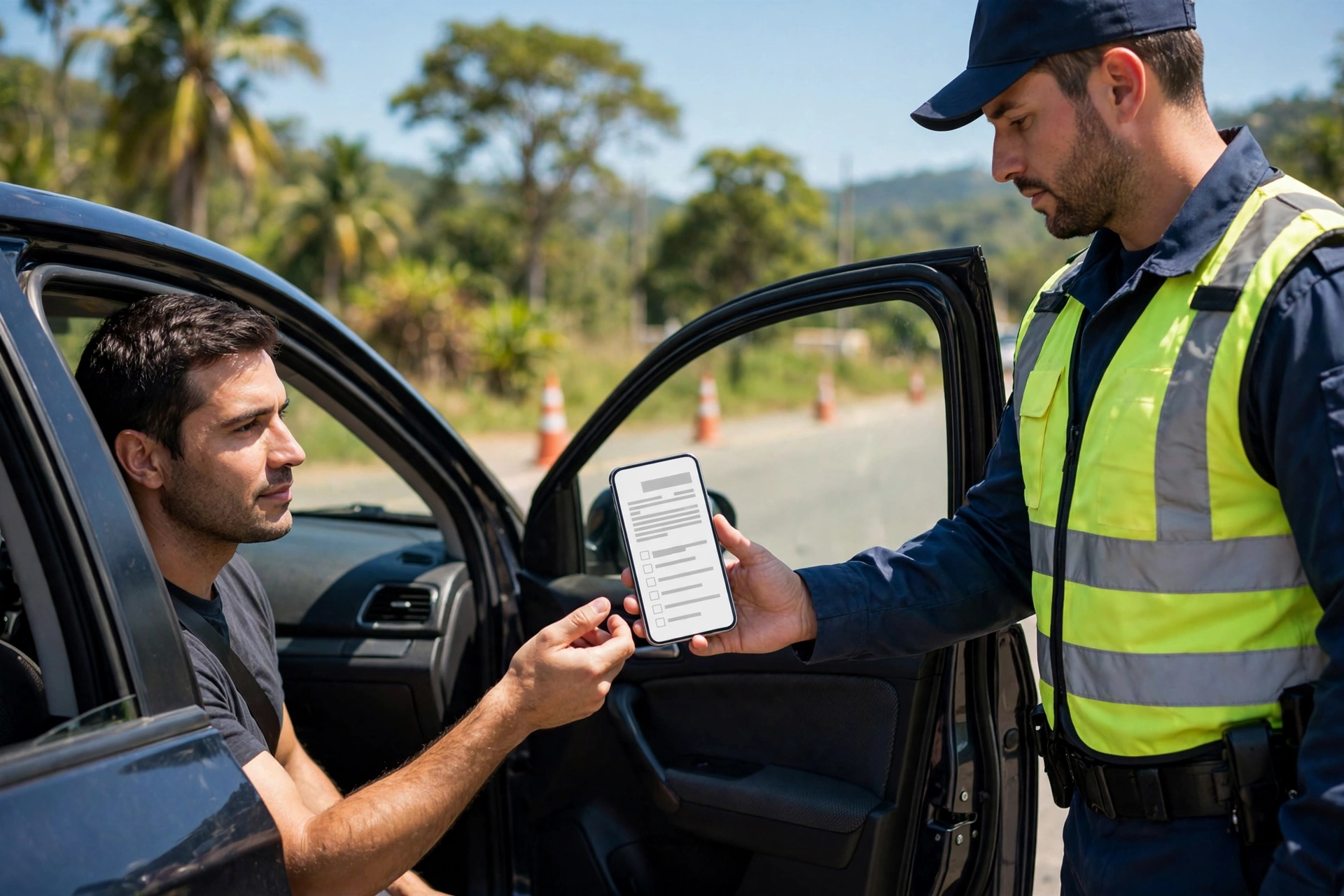 Motorista mostrando a CNH digital no celular em uma blitz de transito