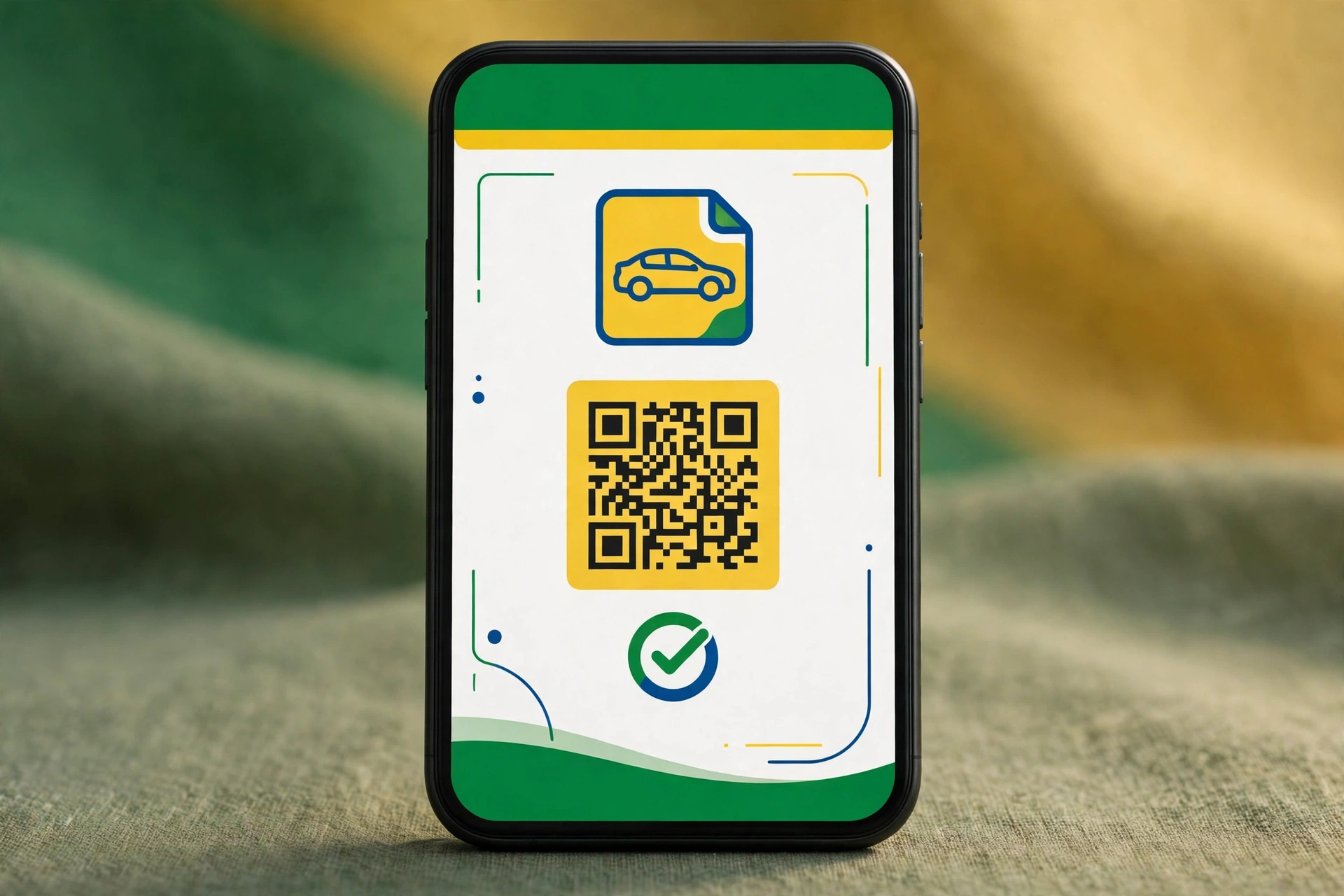 Celular exibindo documento digital de veiculo com QR Code