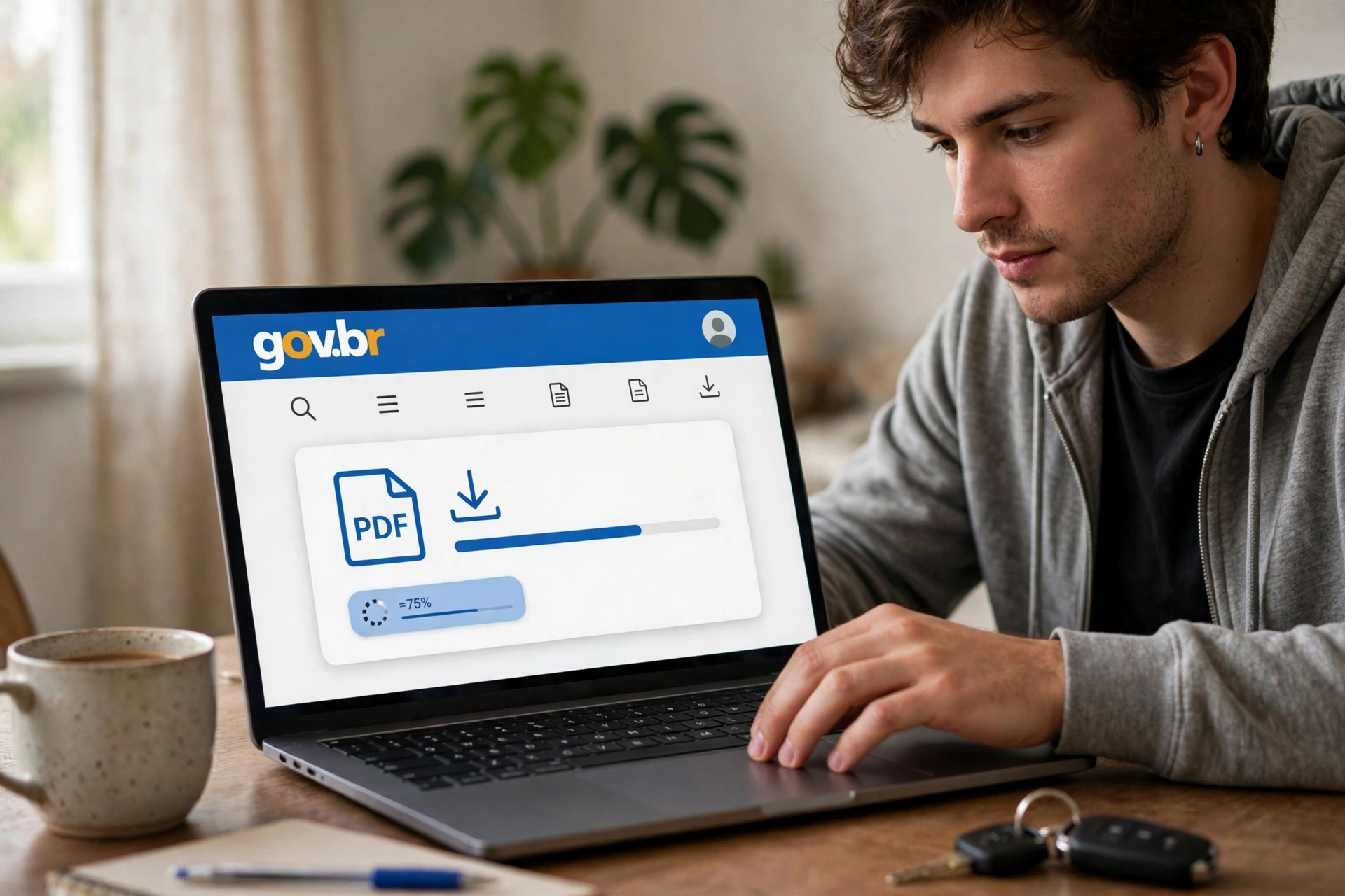 Pessoa baixando o CRLV digital em PDF no portal gov.br pelo computador