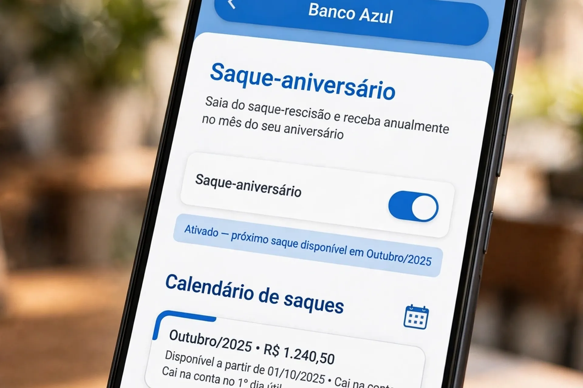 Tela do saque-aniversario do FGTS no celular com calendario