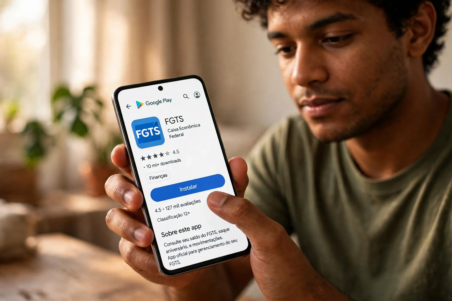 Tela da Play Store com download do app FGTS oficial da Caixa Economica Federal