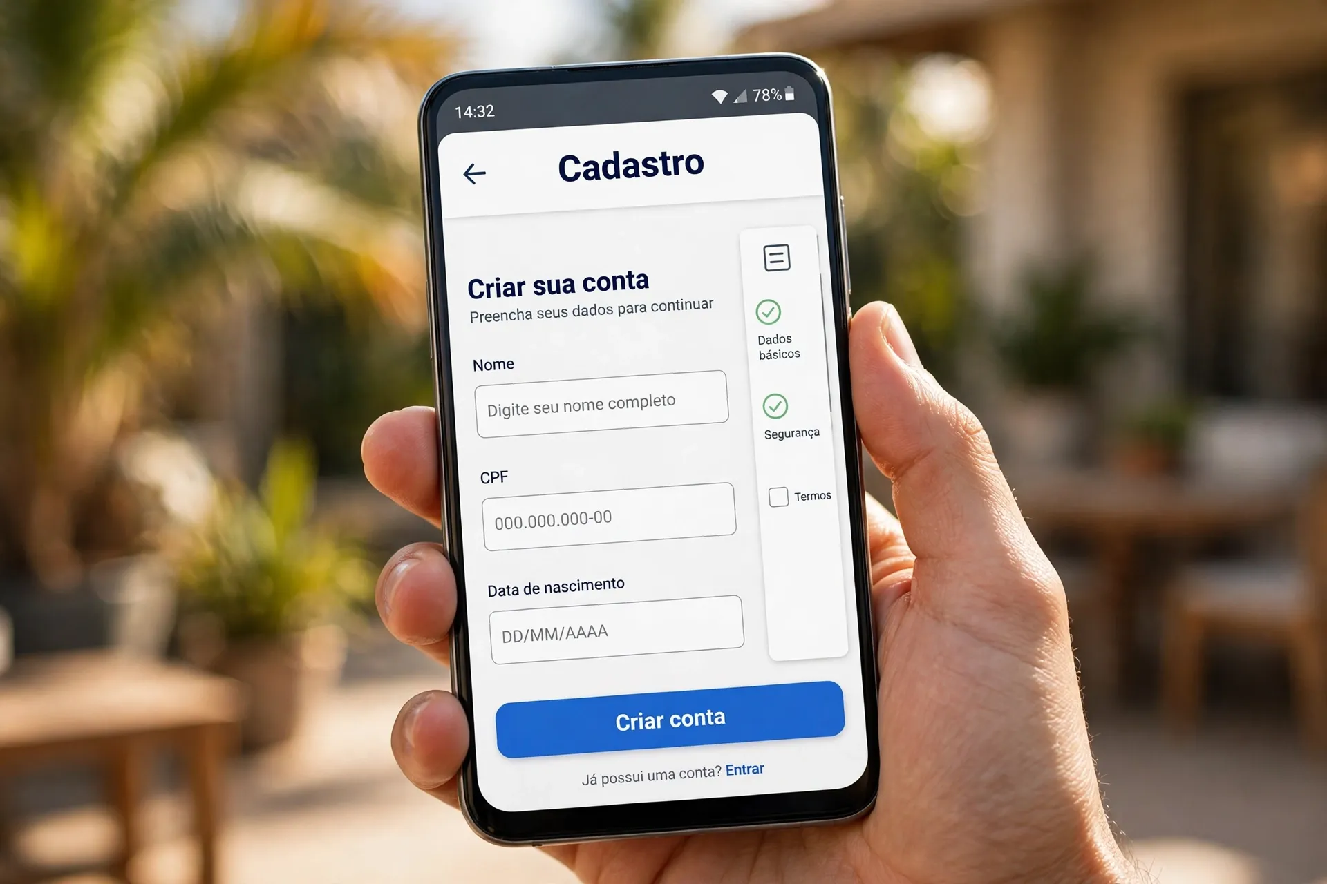 Tela de cadastro do app FGTS com campos de dados pessoais