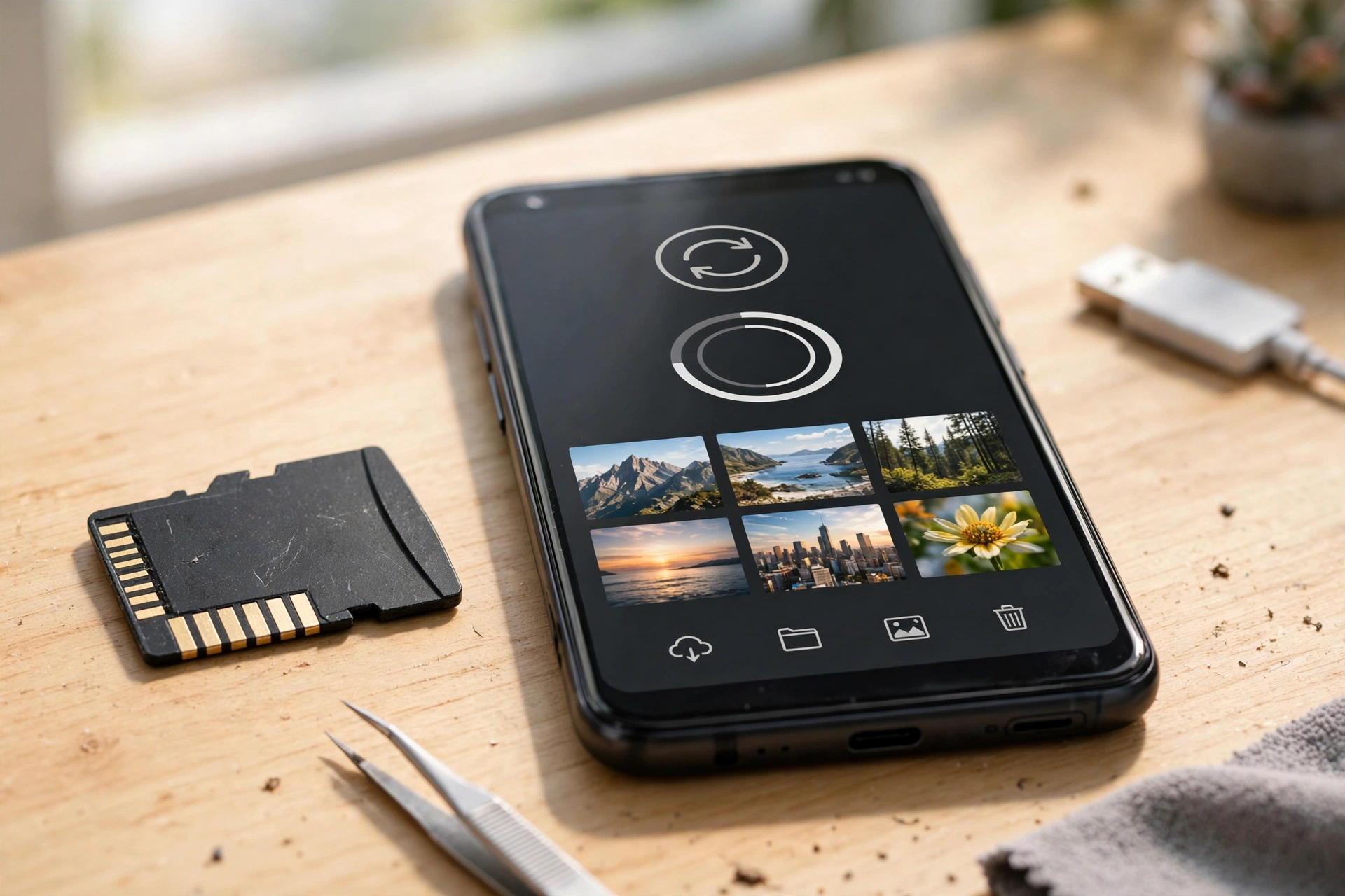 Cartao de memoria SD ao lado de celular Android para recuperacao de fotos
