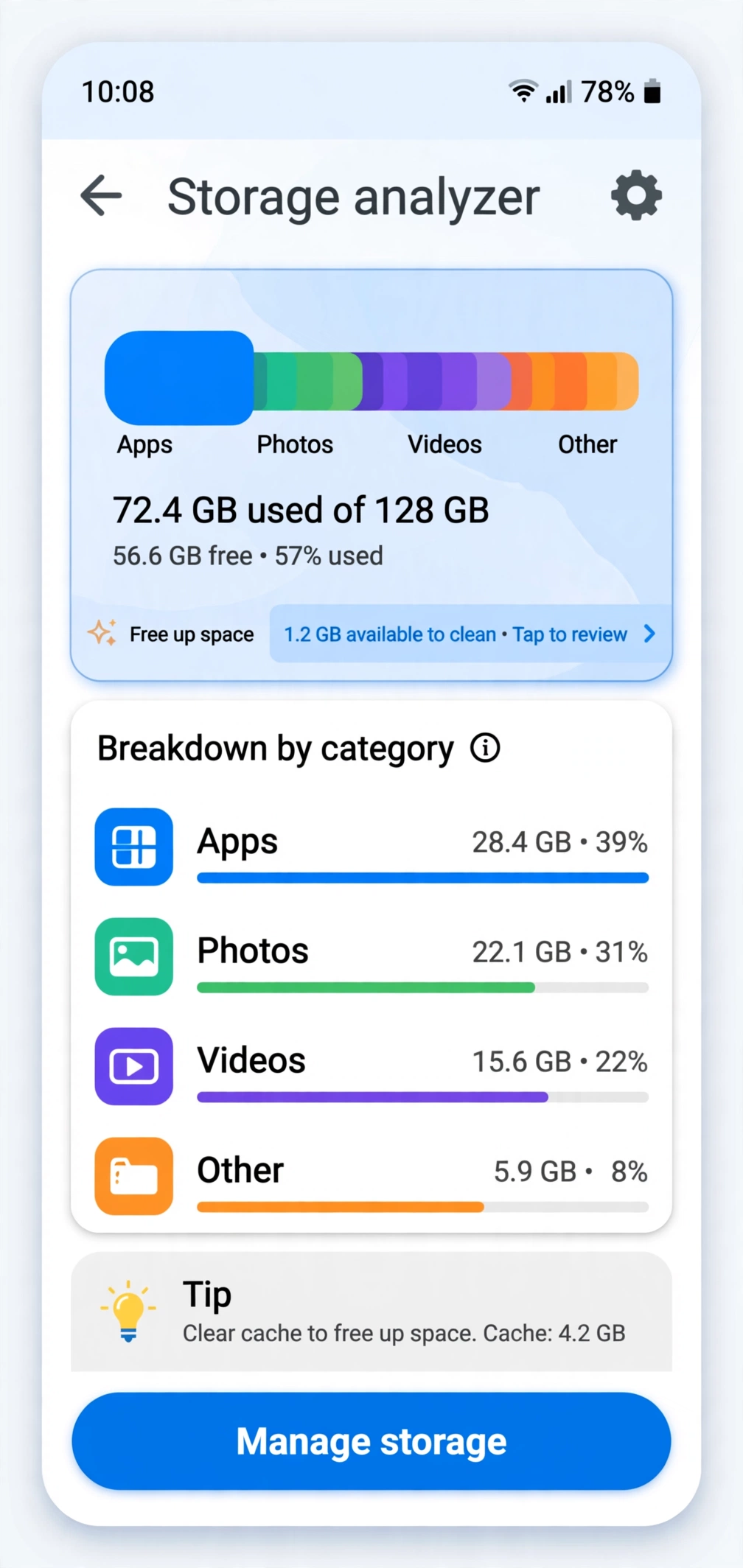 Analise de armazenamento do Android mostrando uso por categoria