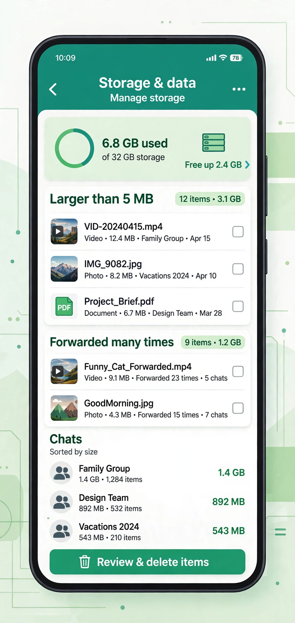 Tela de gerenciamento de armazenamento do WhatsApp com midias por tamanho