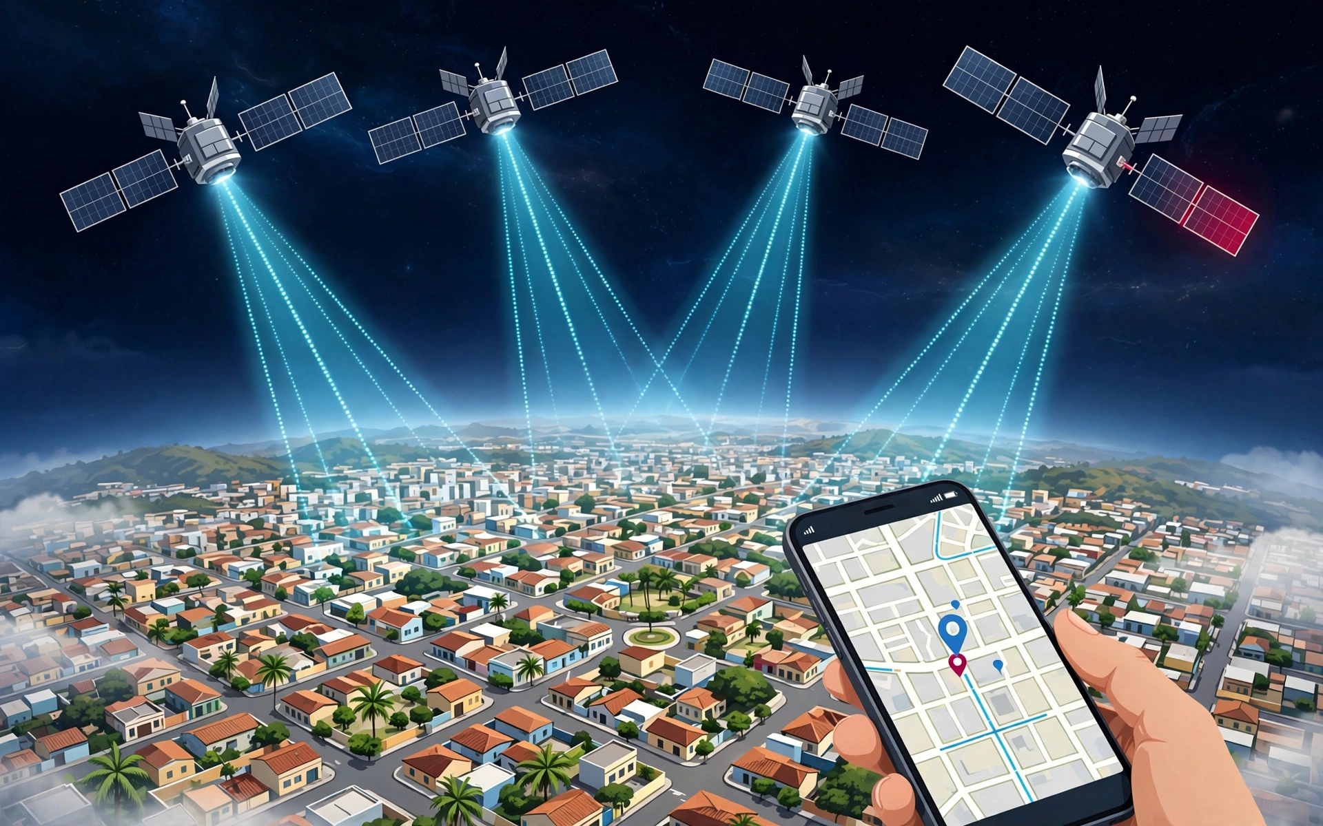 Como funciona a localizacao no WhatsApp: satelites GPS enviando sinal para o celular