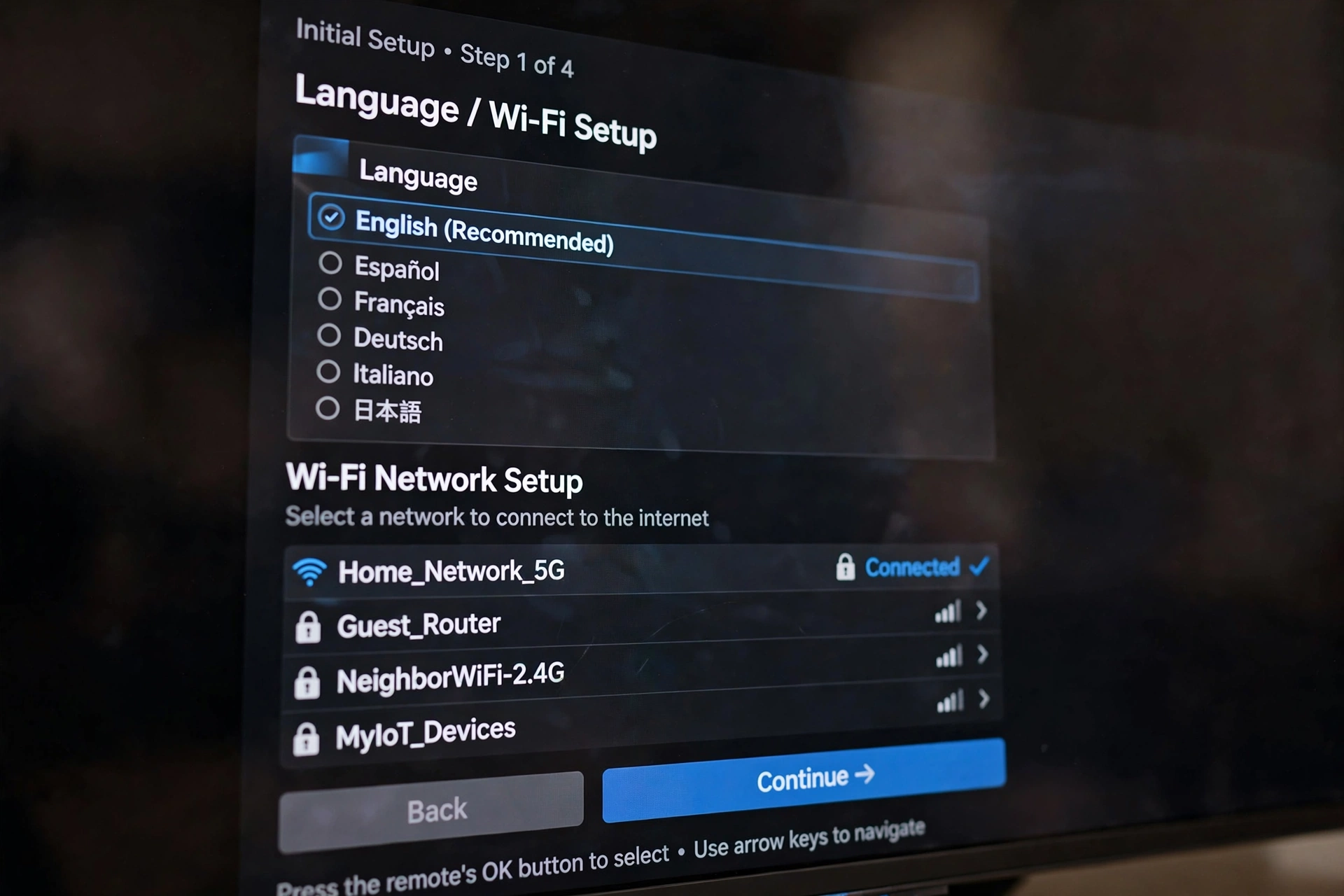 Tela de configuração inicial de Smart TV com idioma e Wi-Fi