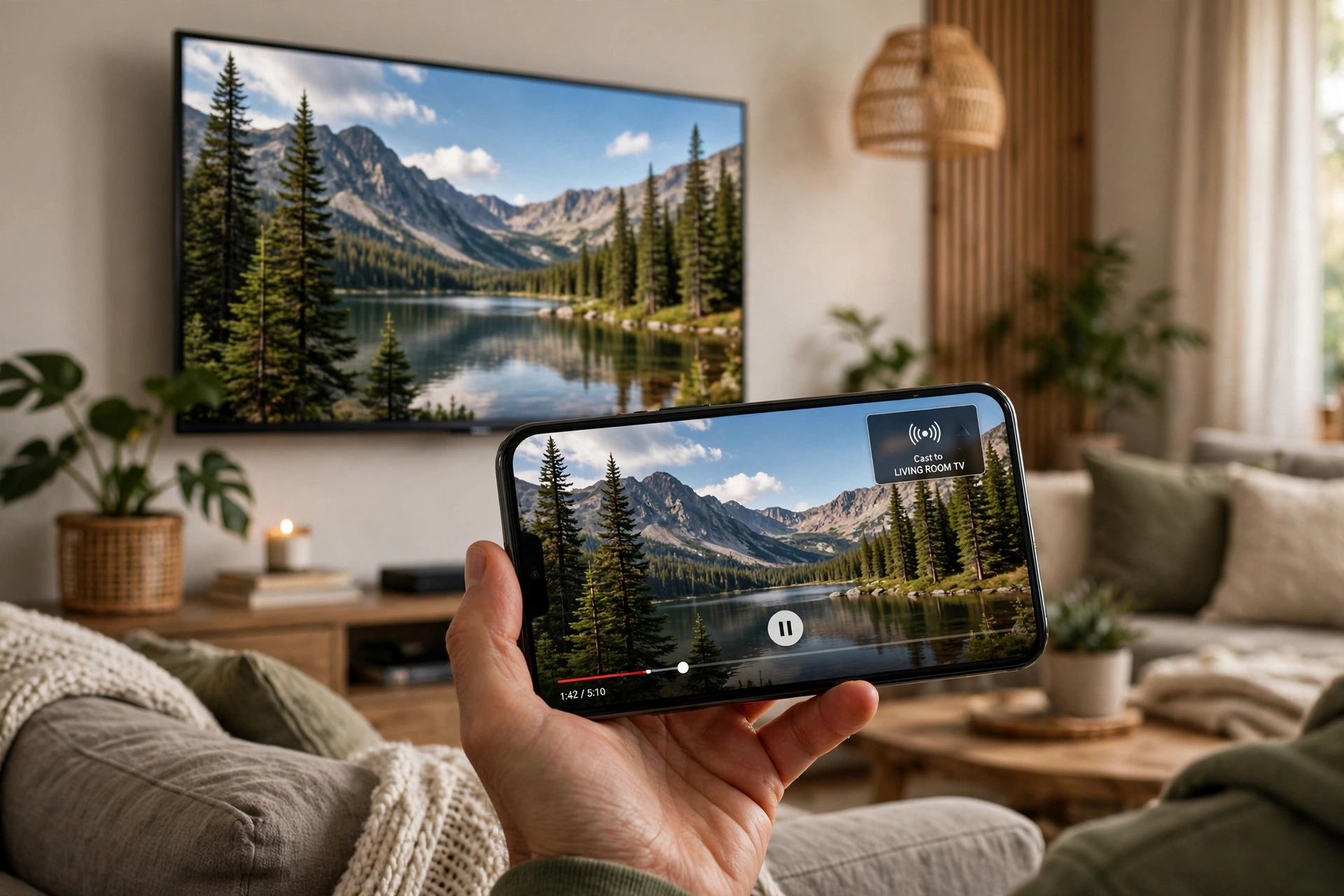 Celular espelhando vídeo para Smart TV via Smart View