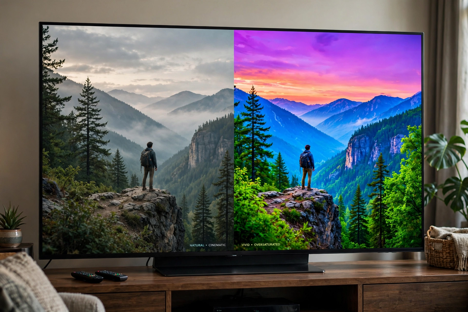 Comparação de modos de imagem em Smart TV Samsung, modo Filme versus Dinâmico