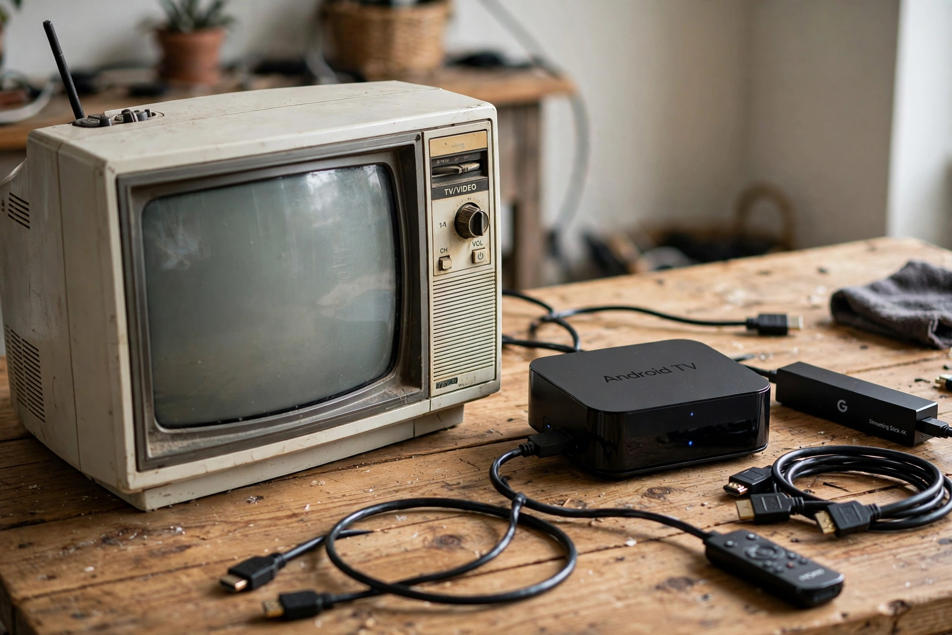 TV antiga ao lado de TV Box, Chromecast e cabos HDMI para virar smart TV