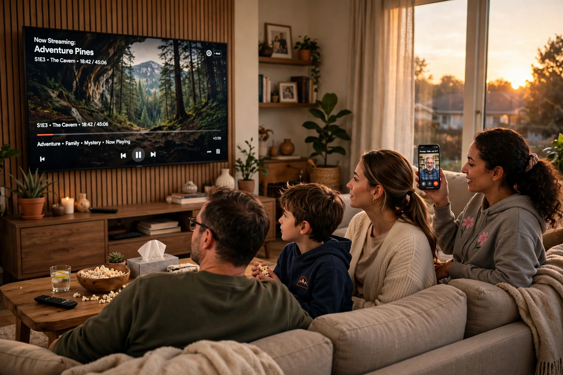Familia assistindo streaming na TV e fazendo videochamada no celular