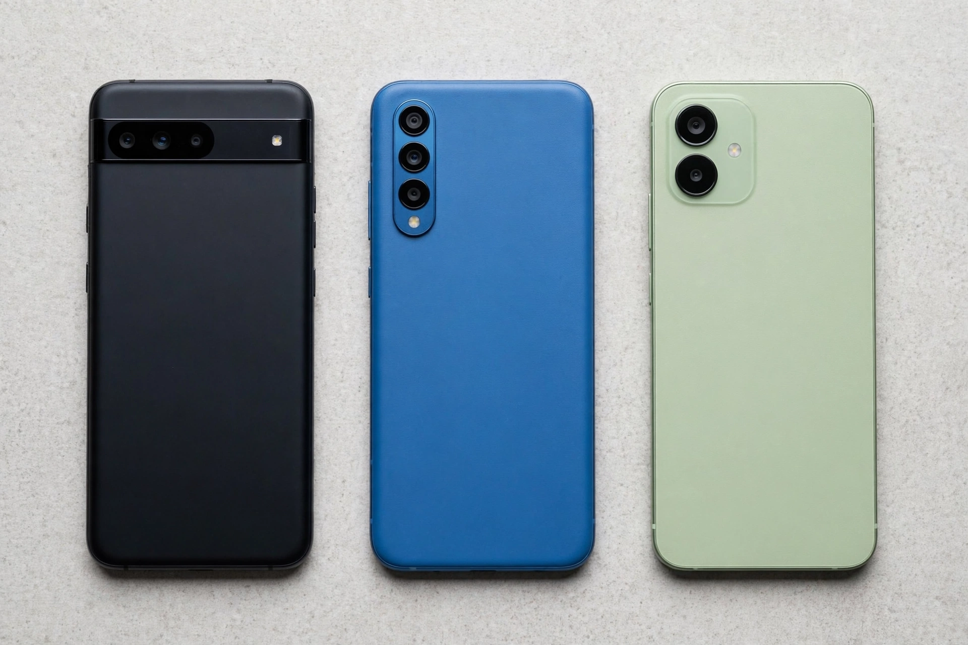 Tres celulares Android de marcas diferentes lado a lado