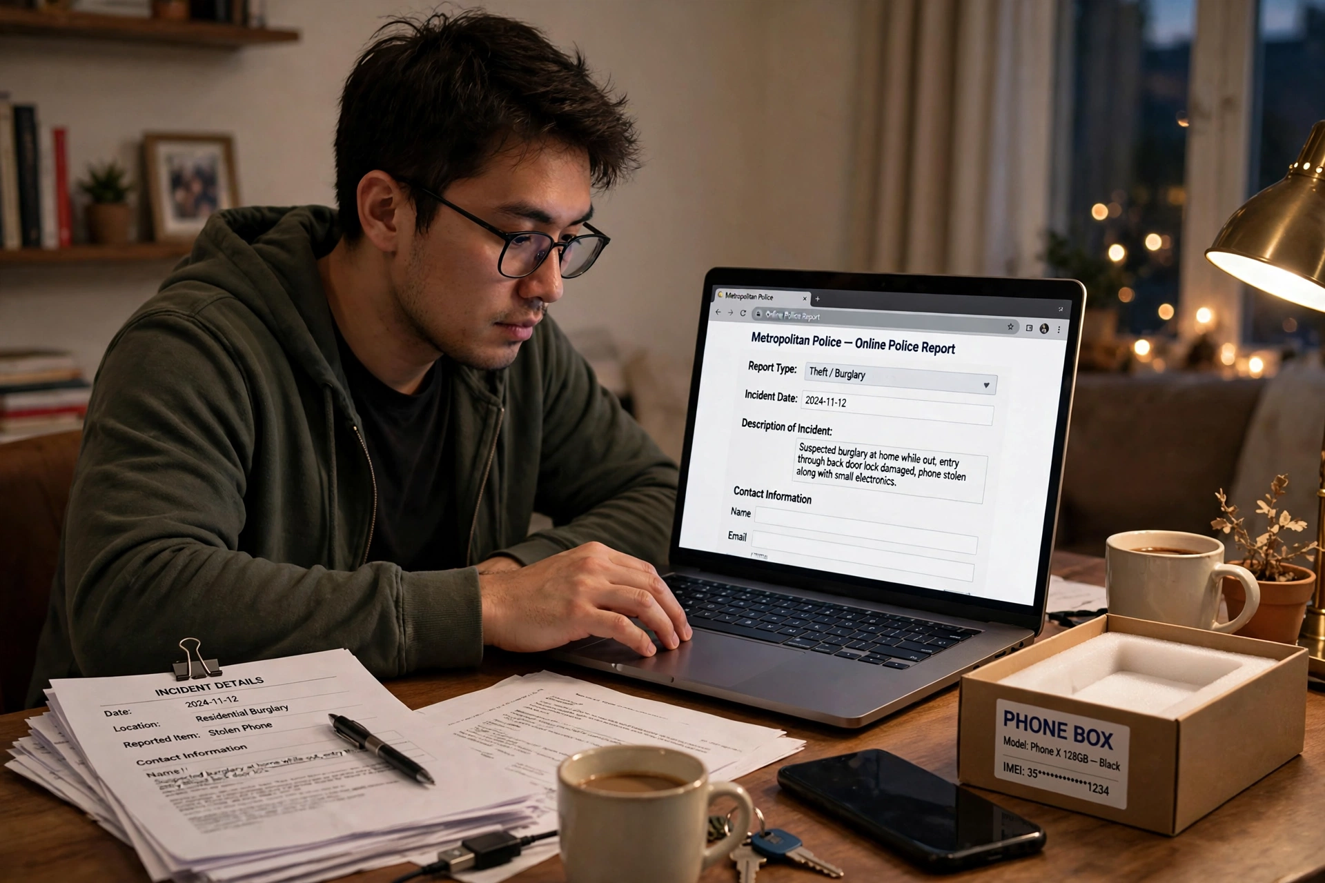 Pessoa registrando boletim de ocorrencia online em um computador em casa
