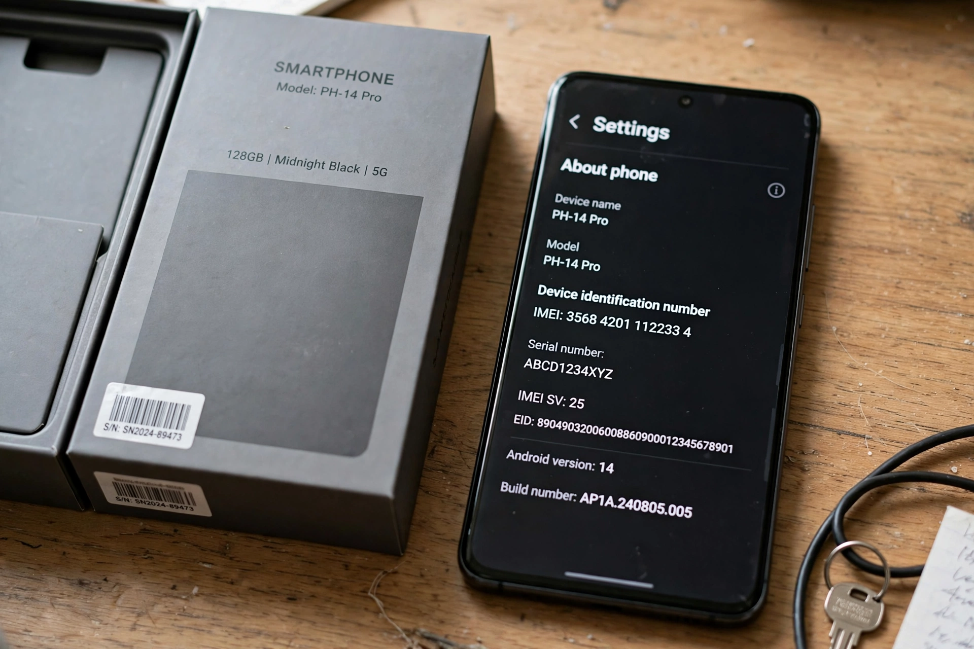 Caixa do celular e tela de configuracoes mostrando o numero IMEI do aparelho