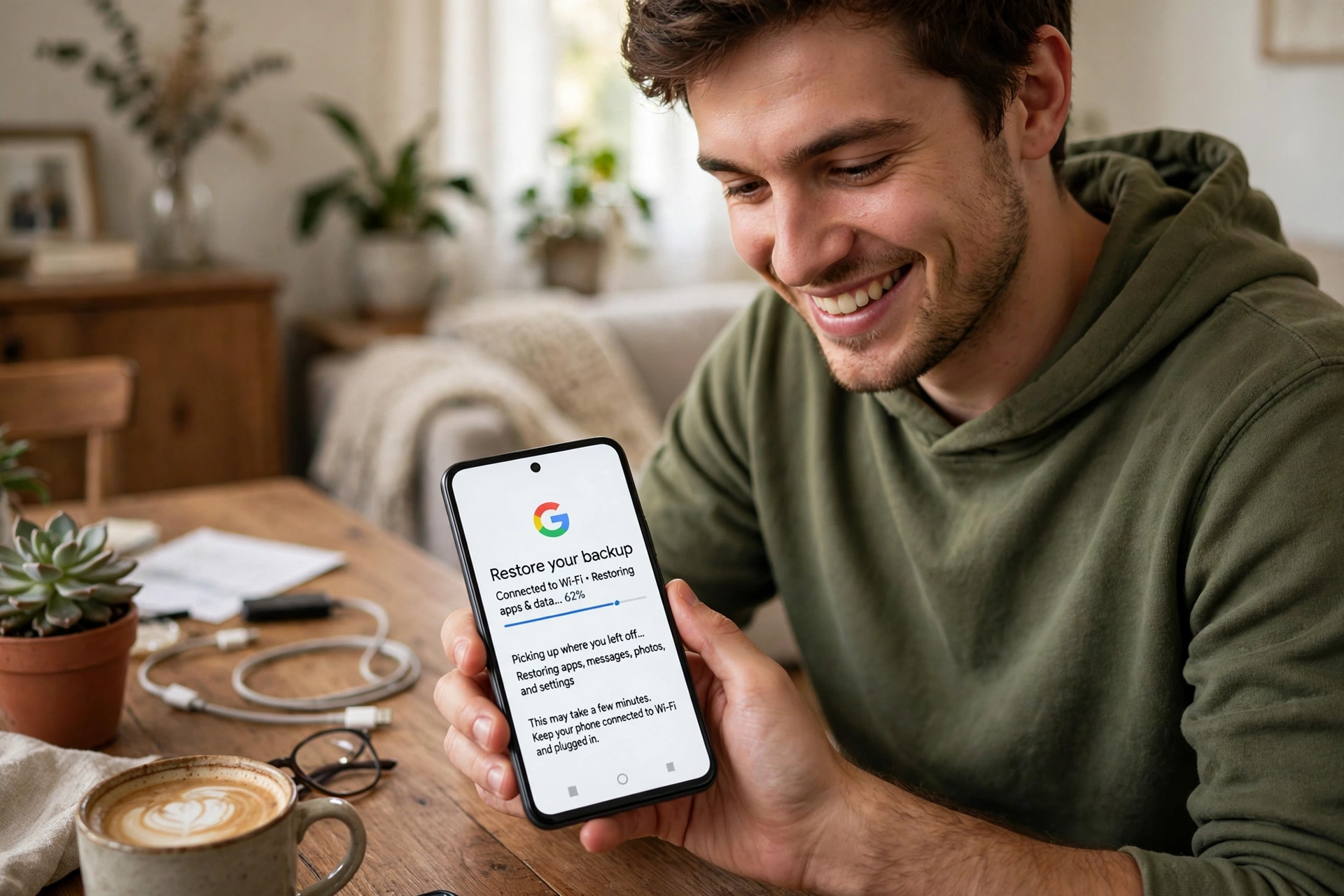 Pessoa configurando um celular novo e restaurando o backup em casa