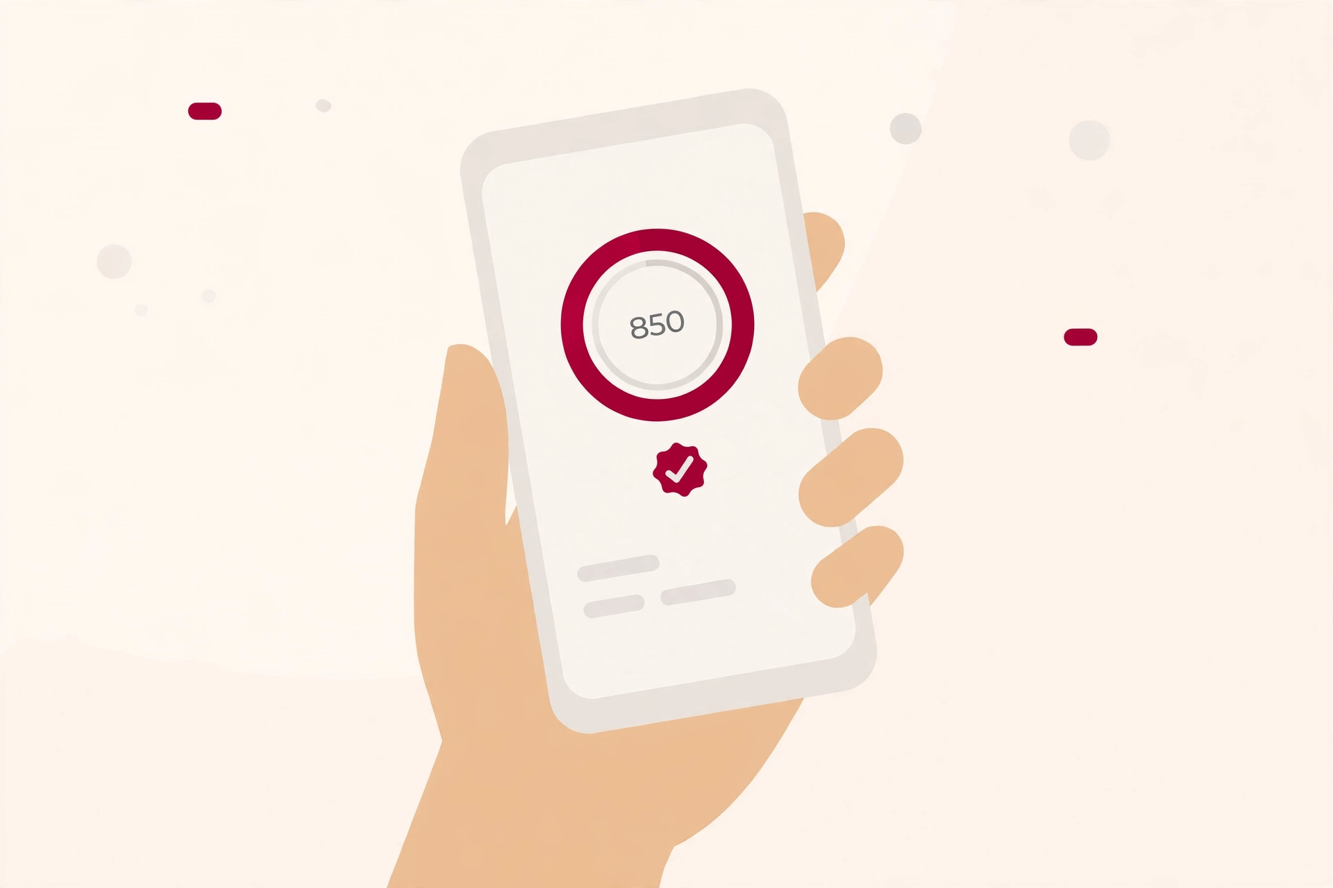 Mao segurando smartphone com aplicativo de score de credito marcando pontuacao alta