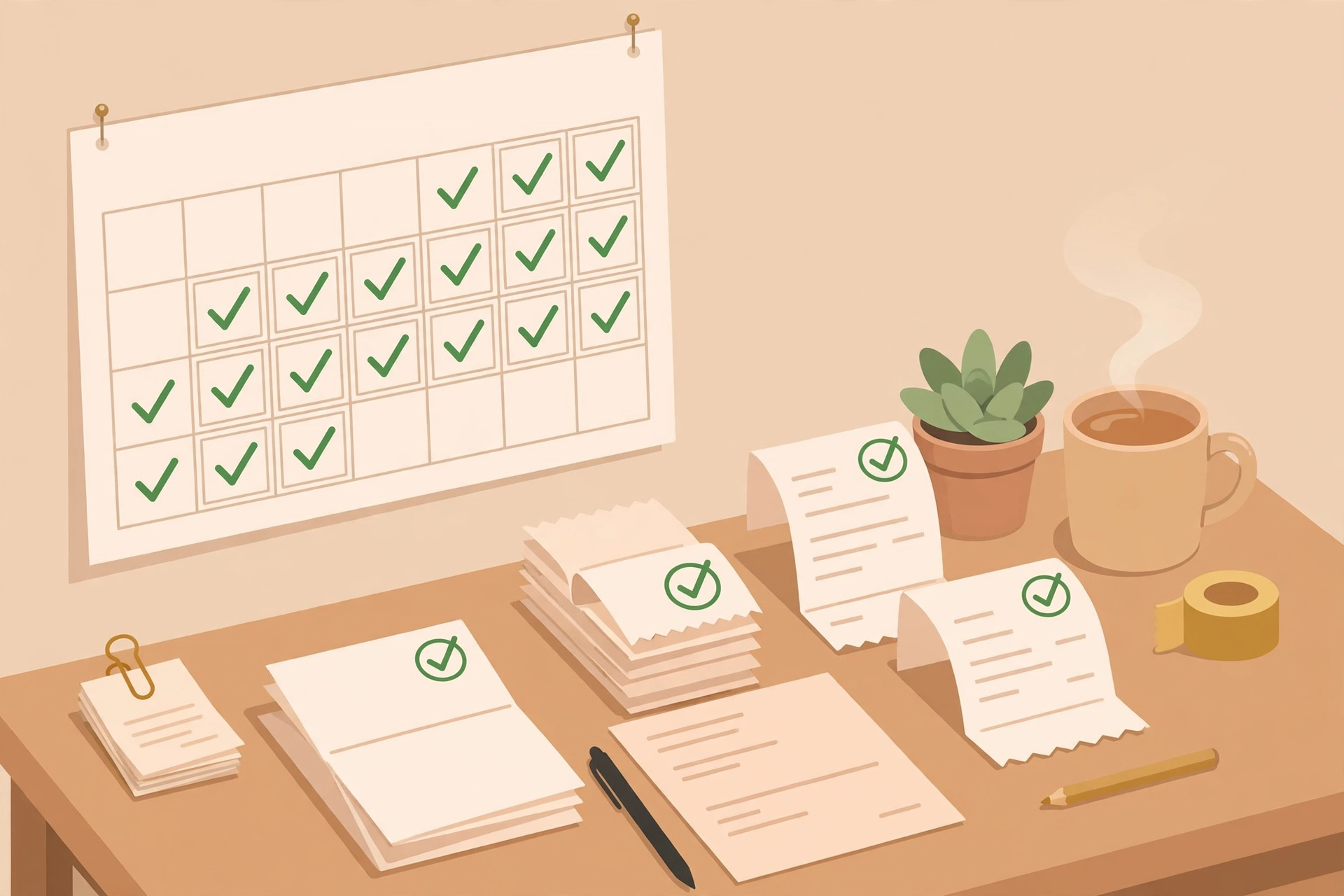 Calendario de parede com contas pagas marcadas com check verde sobre mesa organizada