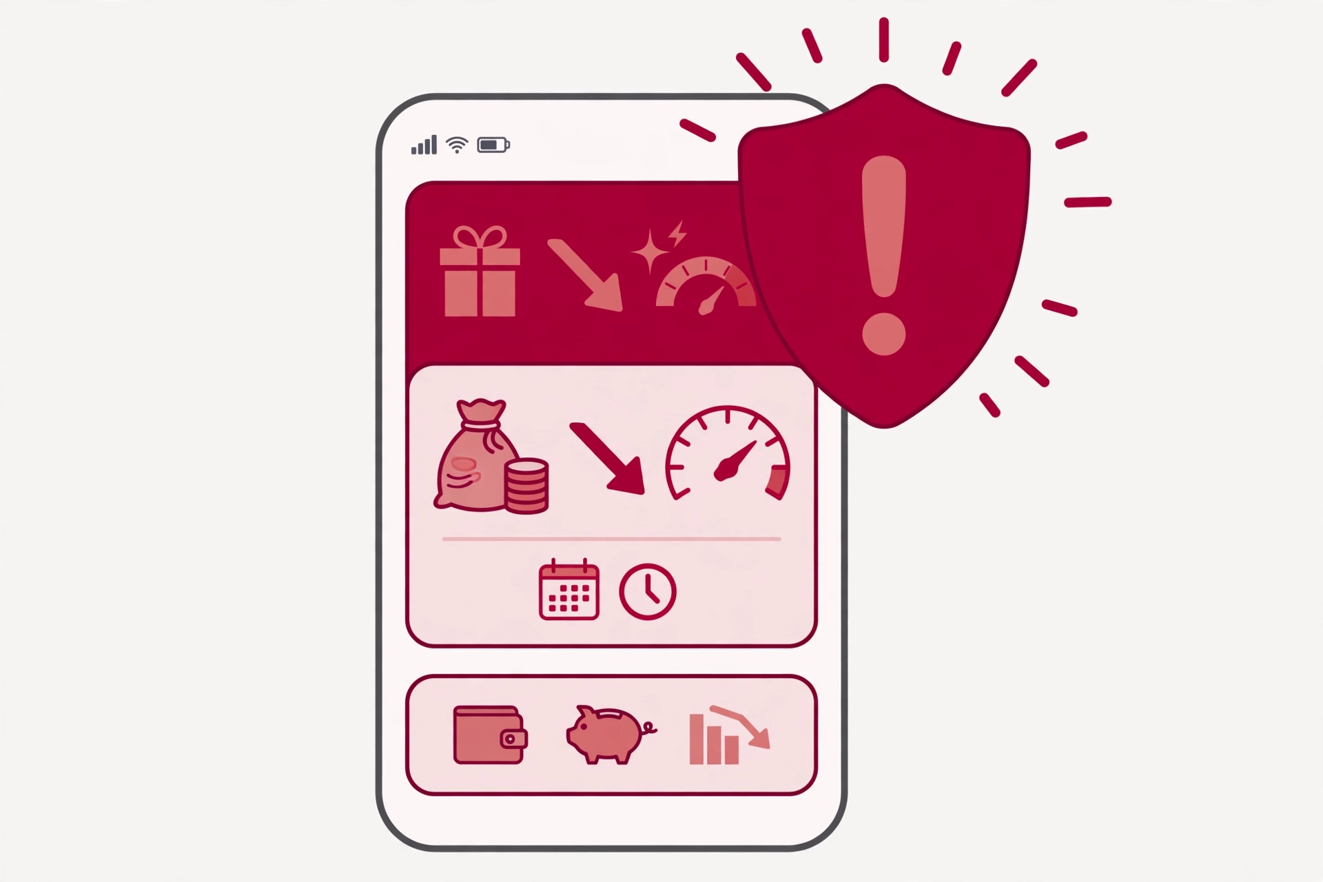 Escudo de alerta sobre oferta suspeita de emprestimo imediato na tela do celular