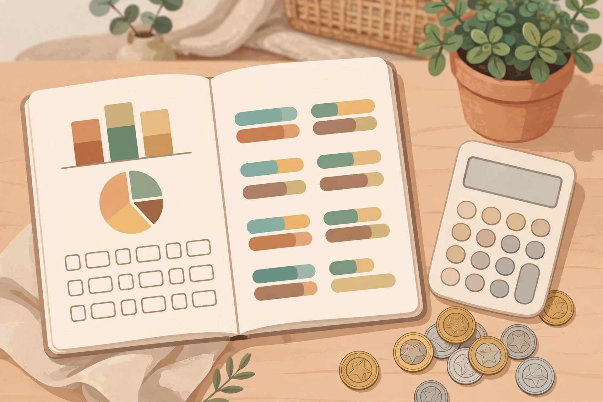 Caderno com planejamento financeiro mensal, moedas de real e calculadora em mesa de casa brasileira