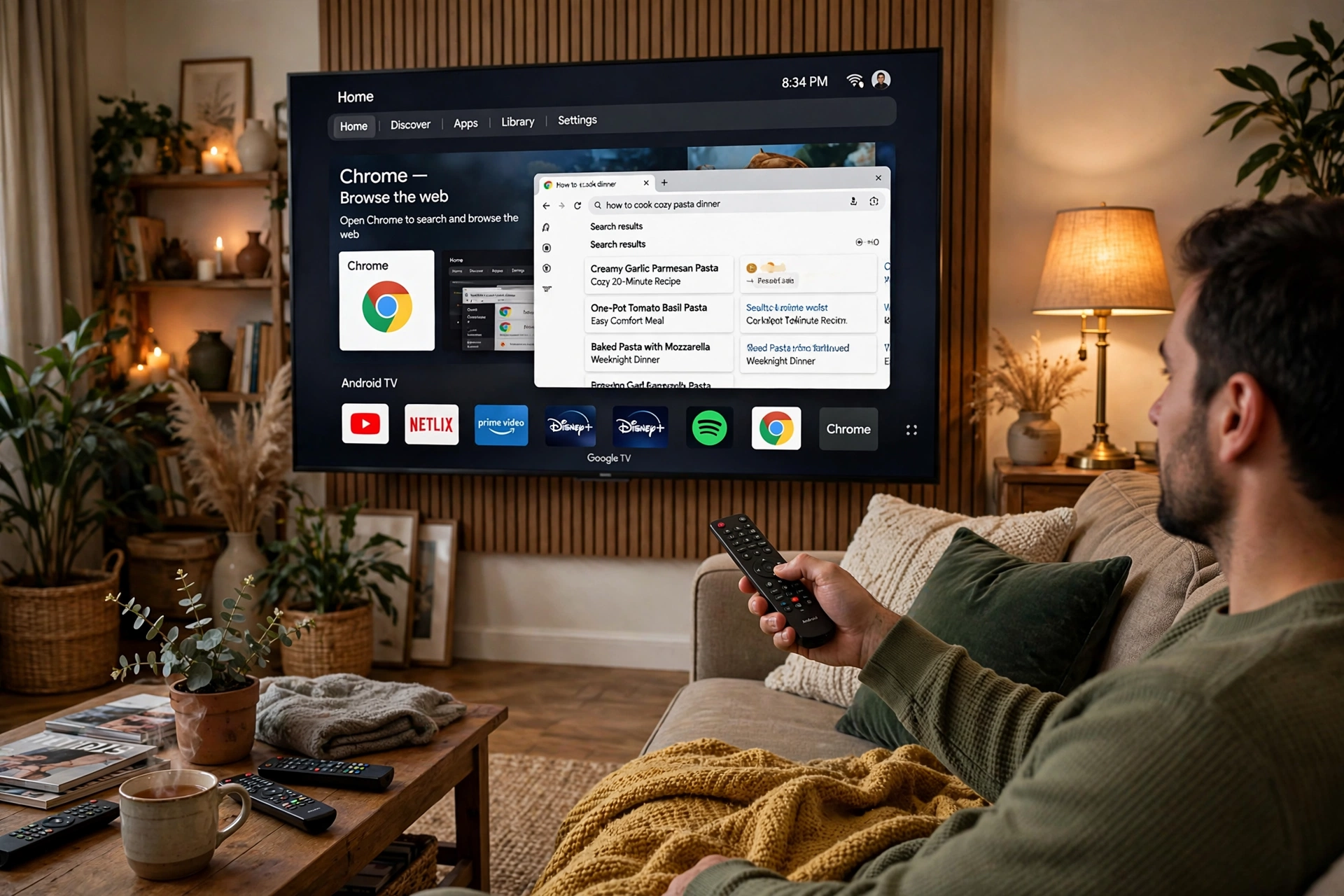 Navegador aberto em Android TV com controle remoto