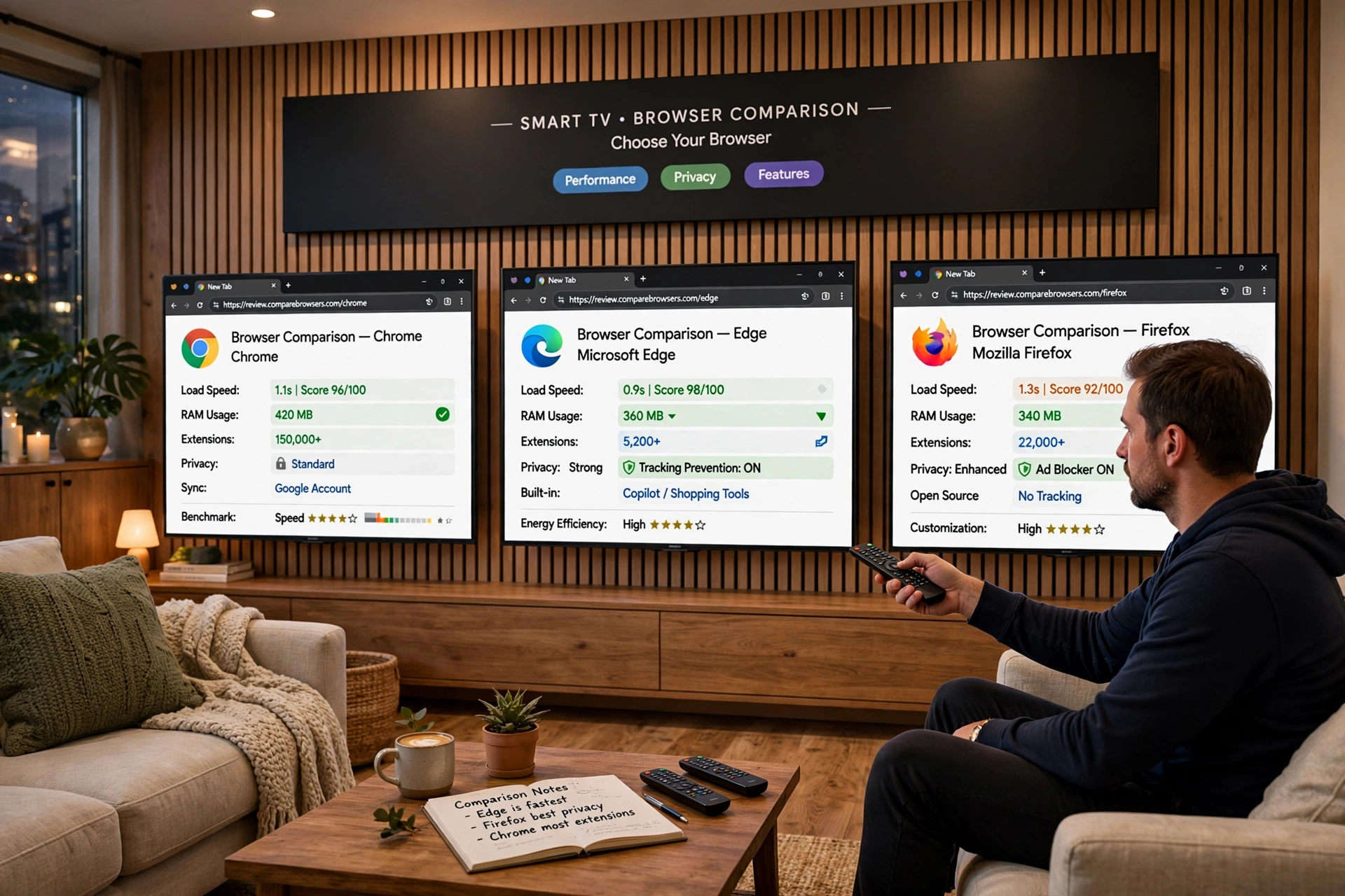 Comparativo de navegadores em telas de Smart TV