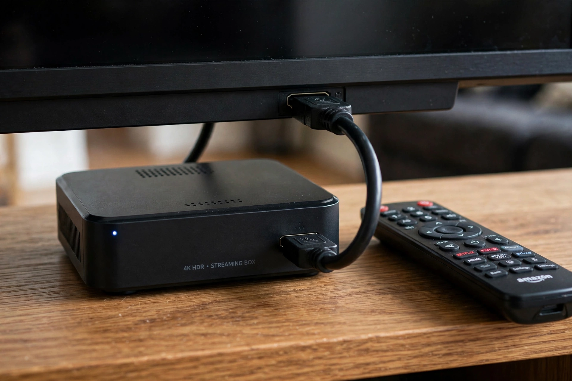 TV Box conectada por HDMI embaixo da televisao