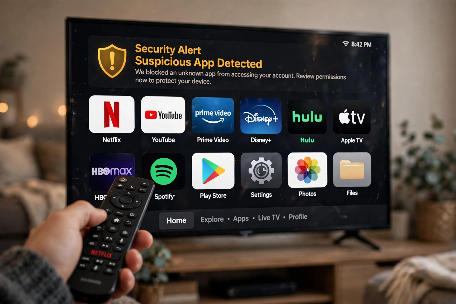 Tela de Smart TV com alerta de seguranca sobre APK de terceiros