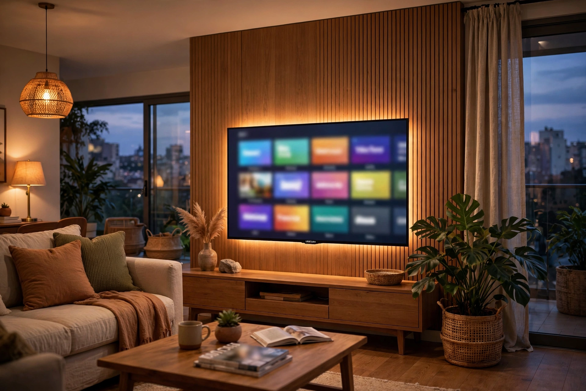 Smart TV Samsung em sala de estar com menu Tizen na tela, guia Tech on Dicas TV Samsung