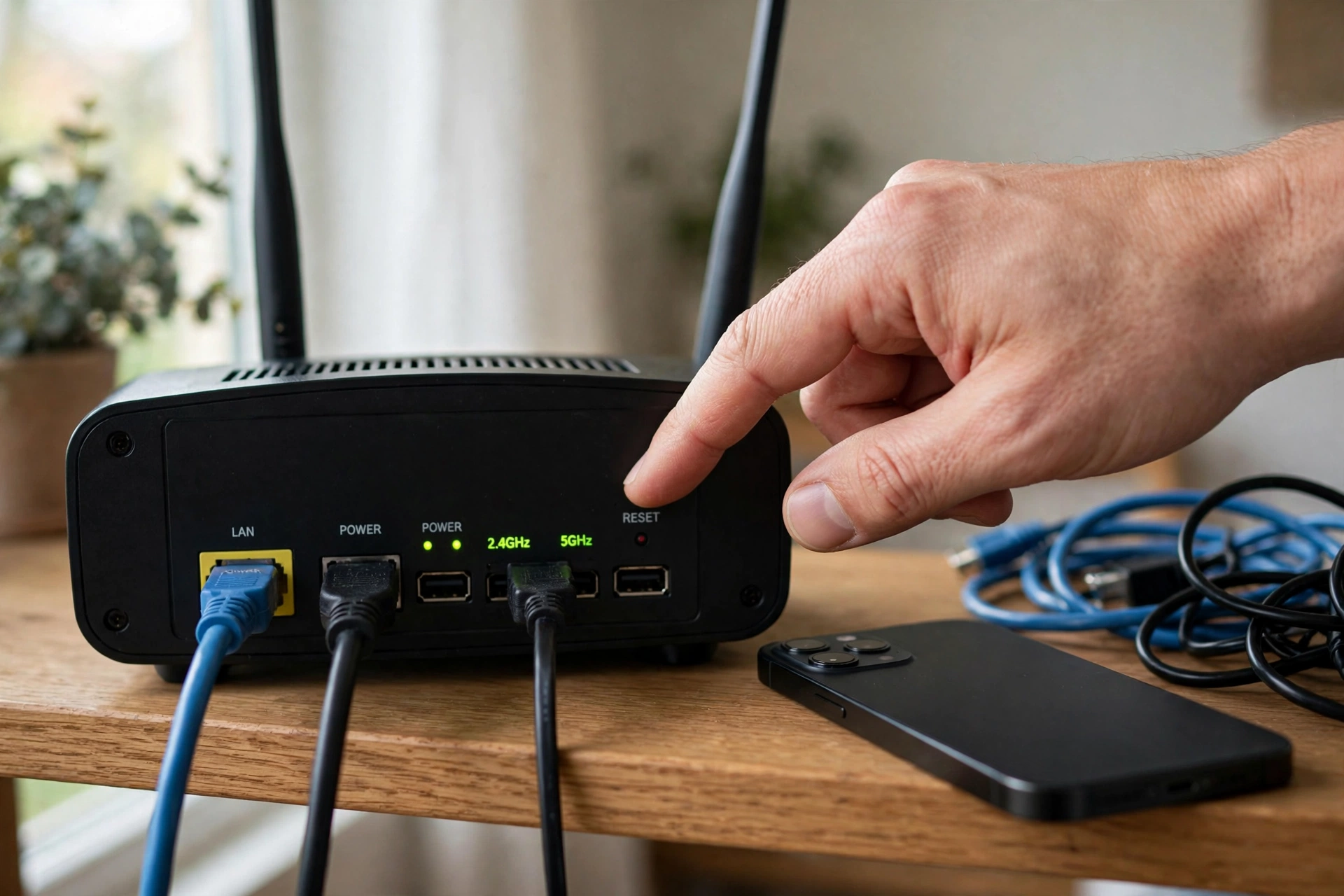 Pessoa reiniciando o roteador wifi para melhorar a velocidade da internet